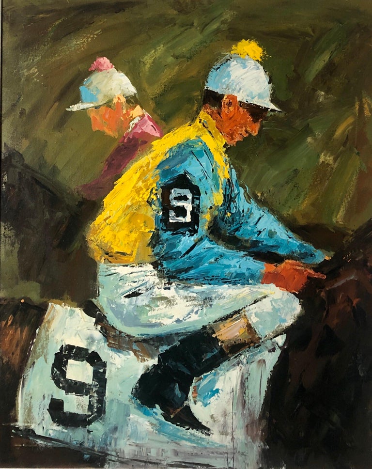 Equestrian Oil Painting Jockey on Horseback at Horse race American Impressionist - Black Animal Painting by Unknown
