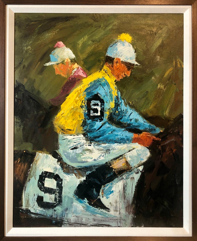 A scene from the horse races, Unknown Artist (American, 20th Century) Oil on Canvas 
 depicting two jockeys in silks on horses, one wearing the number nine, label en verso by The Conservation Center of Chicago dated October 30, 2012

Actual painting