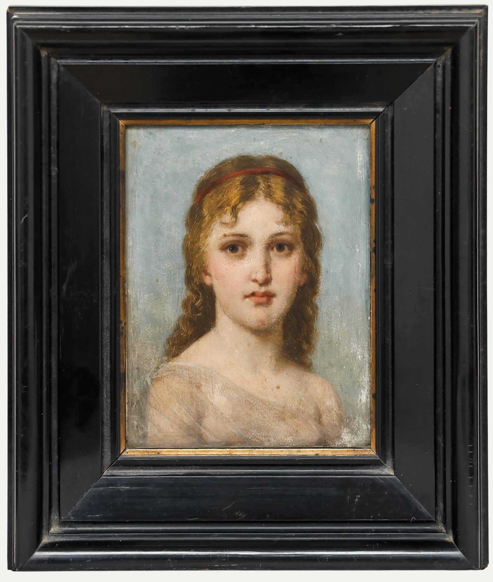 Unknown Portrait Painting - Erhard Winterstein (1841-1919) - Framed 1898 Oil, Lady with the Red Headband