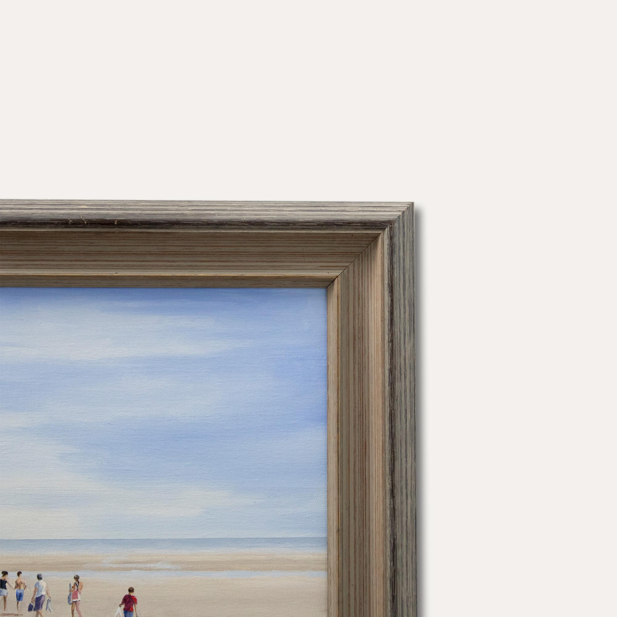 A bright and sunny beach scene by Eric Masefield, depicting figures at Camber Sands. The painting has been signed by the artist to the lower right corner. Well-presented in a contemporary frame with the title inscribed verso. On canvas board.