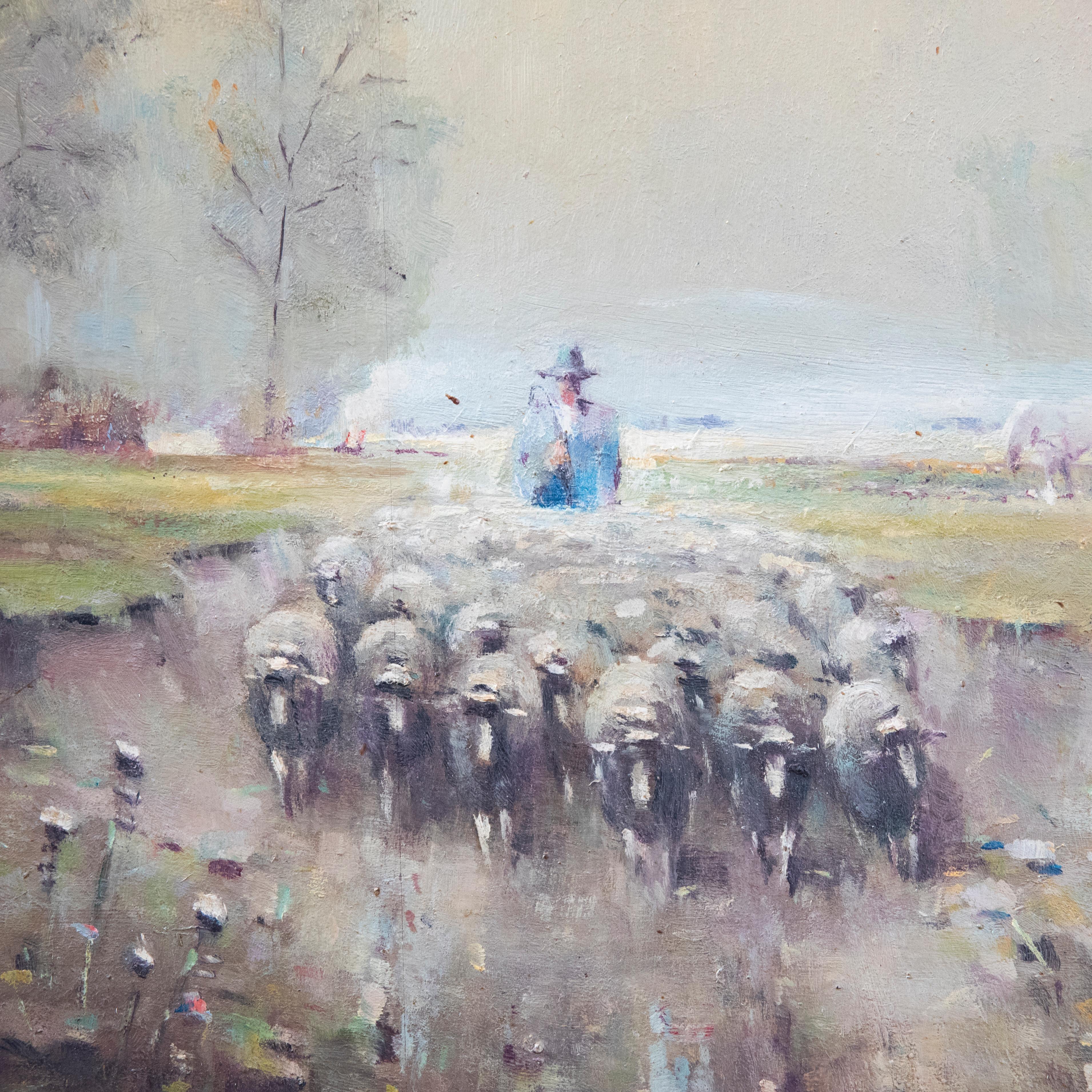 An atmospheric oil study depicting a shepherd leading his flock through a misty field. Signed to the lower left. Signed, inscribed and dated to the reverse of the board. On board. 
