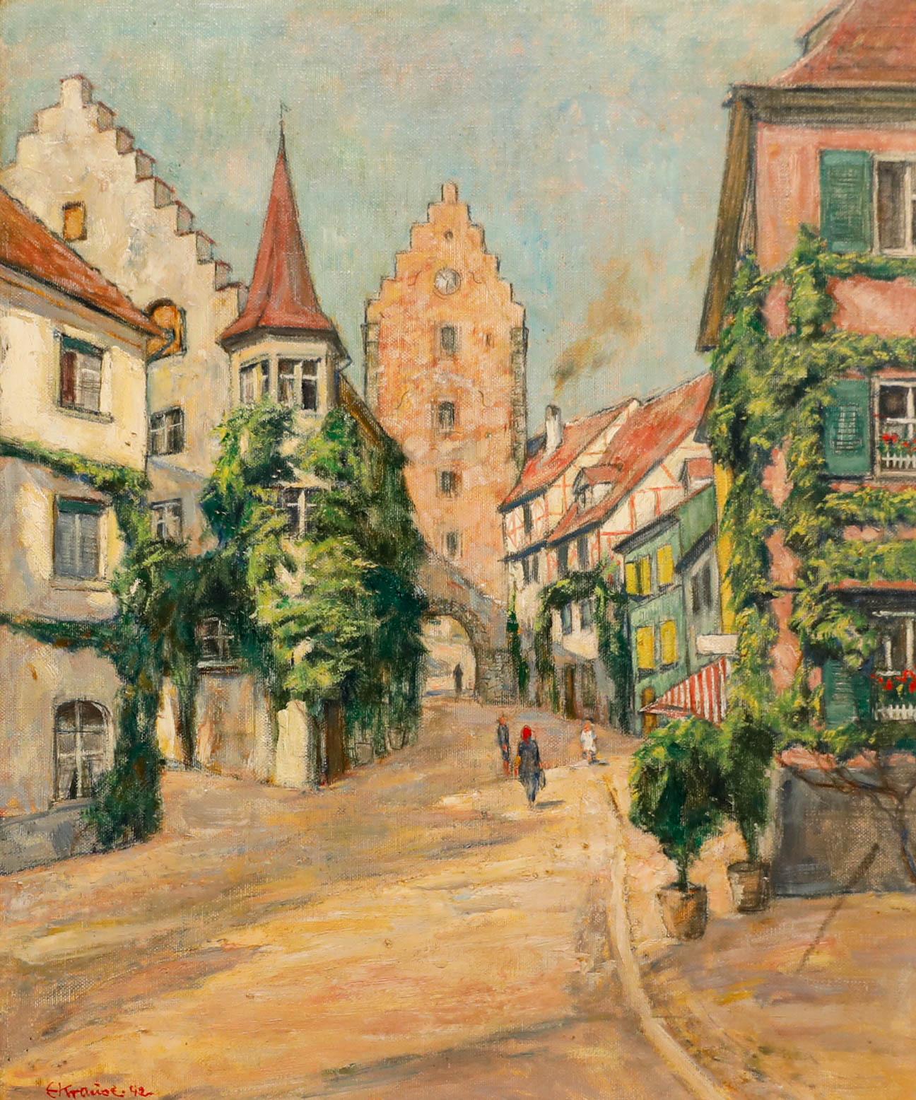 Erich Krause (1886-1954) – Deutsche Schule 1942, Öl, Eine Straße in Meersburg, Öl – Painting von Unknown