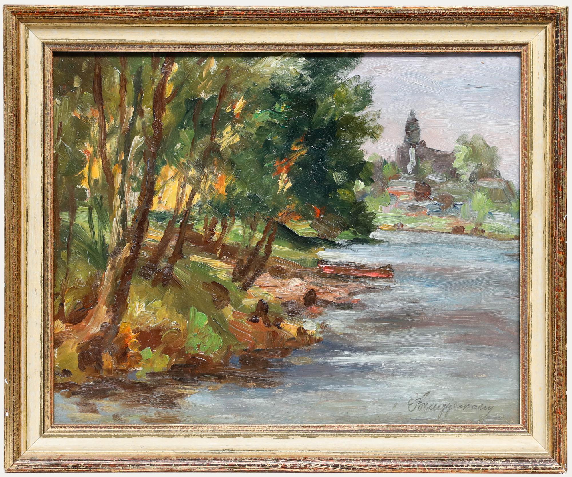 Unknown Landscape Painting – Ernst Bruggemann (1886-1971) - Mitte 20. Jahrhundert Öl, Blick vom Flussufer