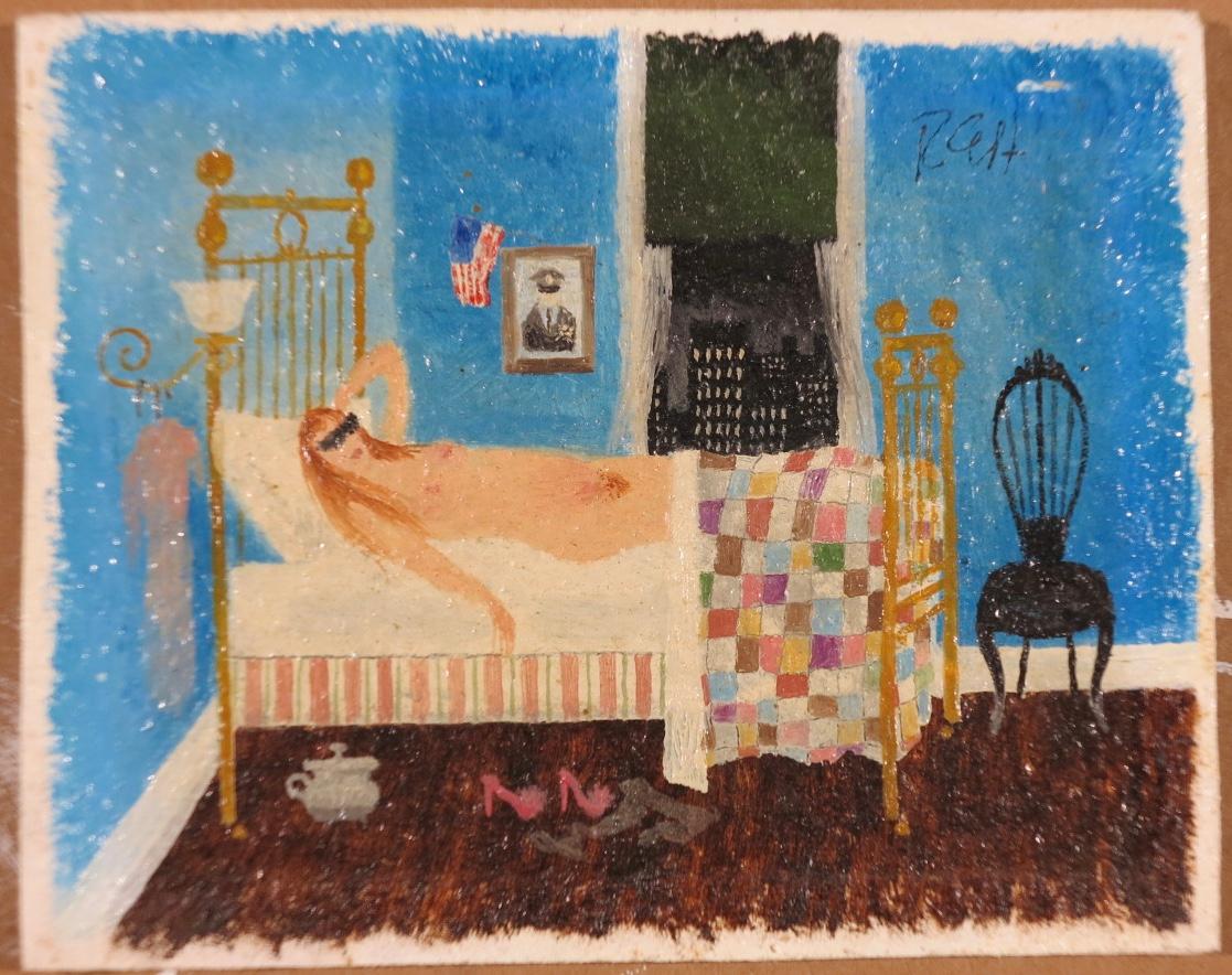 Erotic Nude Woman Nighttime Bedroom Interior Oil Painting - Gray Nude Painting by Unknown
