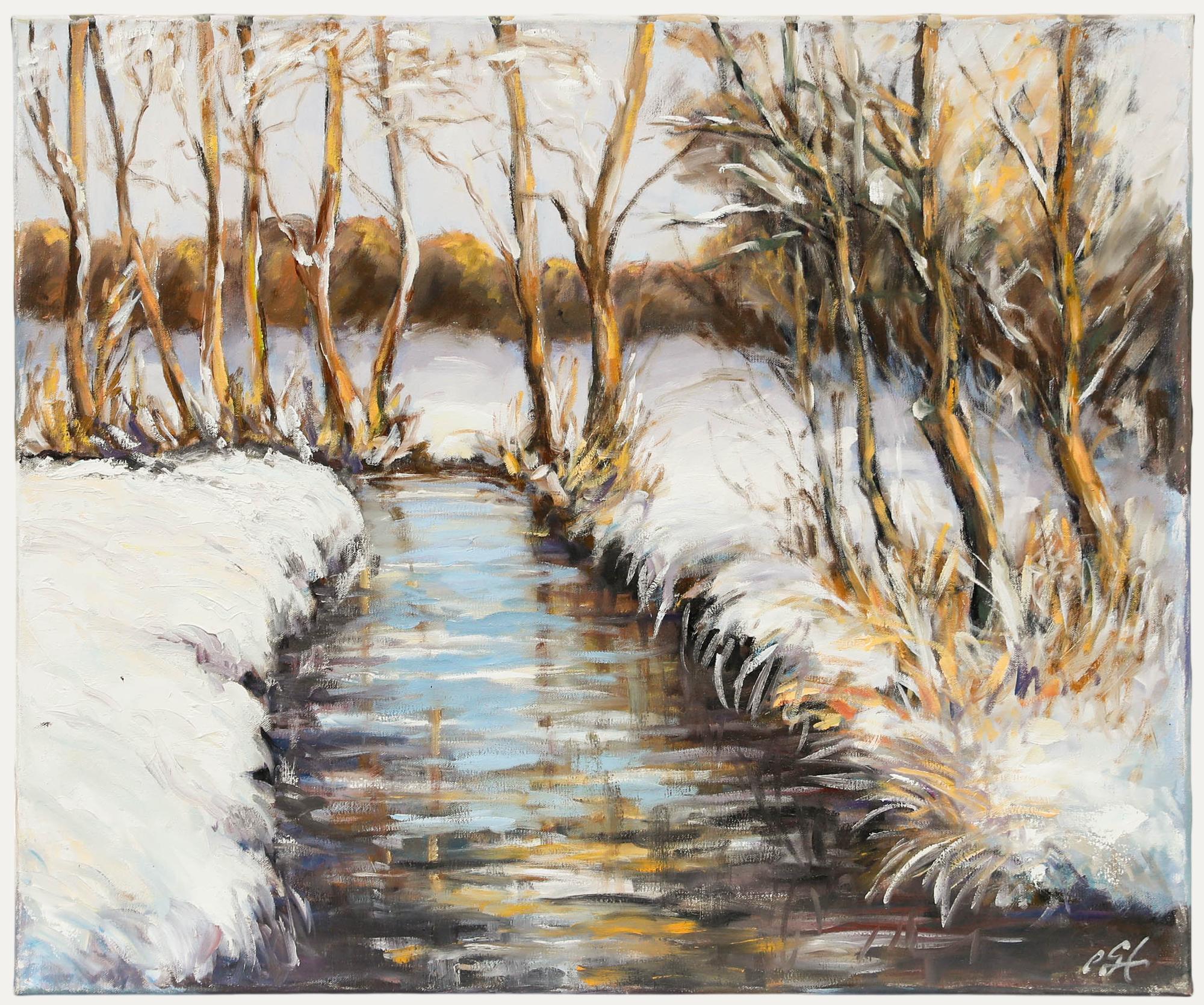 Unknown Landscape Painting – Erwin Steinhauser (1939-2023) - Acryl, Stream In The Snow, 20. Jahrhundert