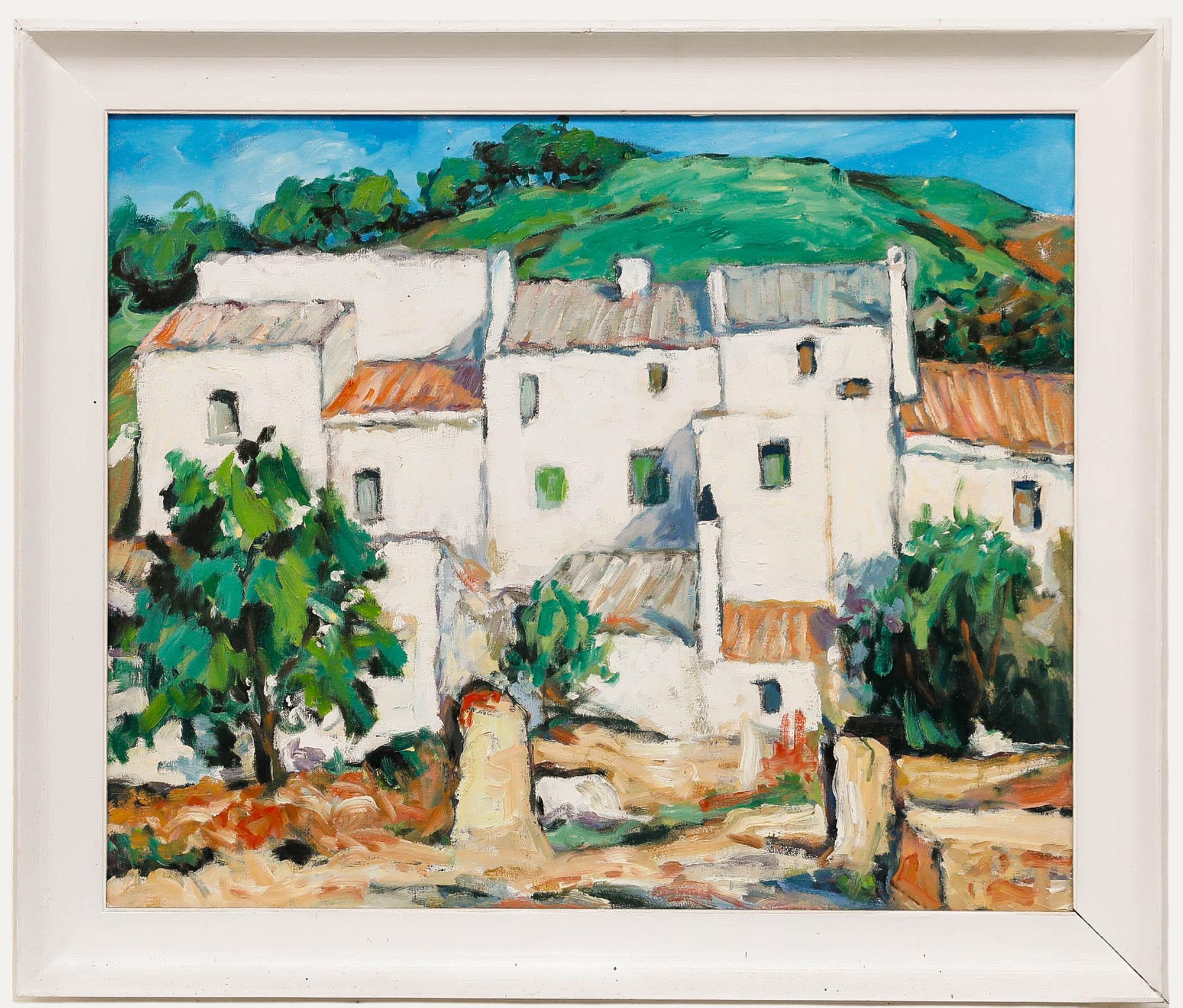 Unknown Landscape Painting – Erwin Steinhauser (1939-2023) - 20. Jahrhundert Öl, Hausfassaden, Ölgemälde
