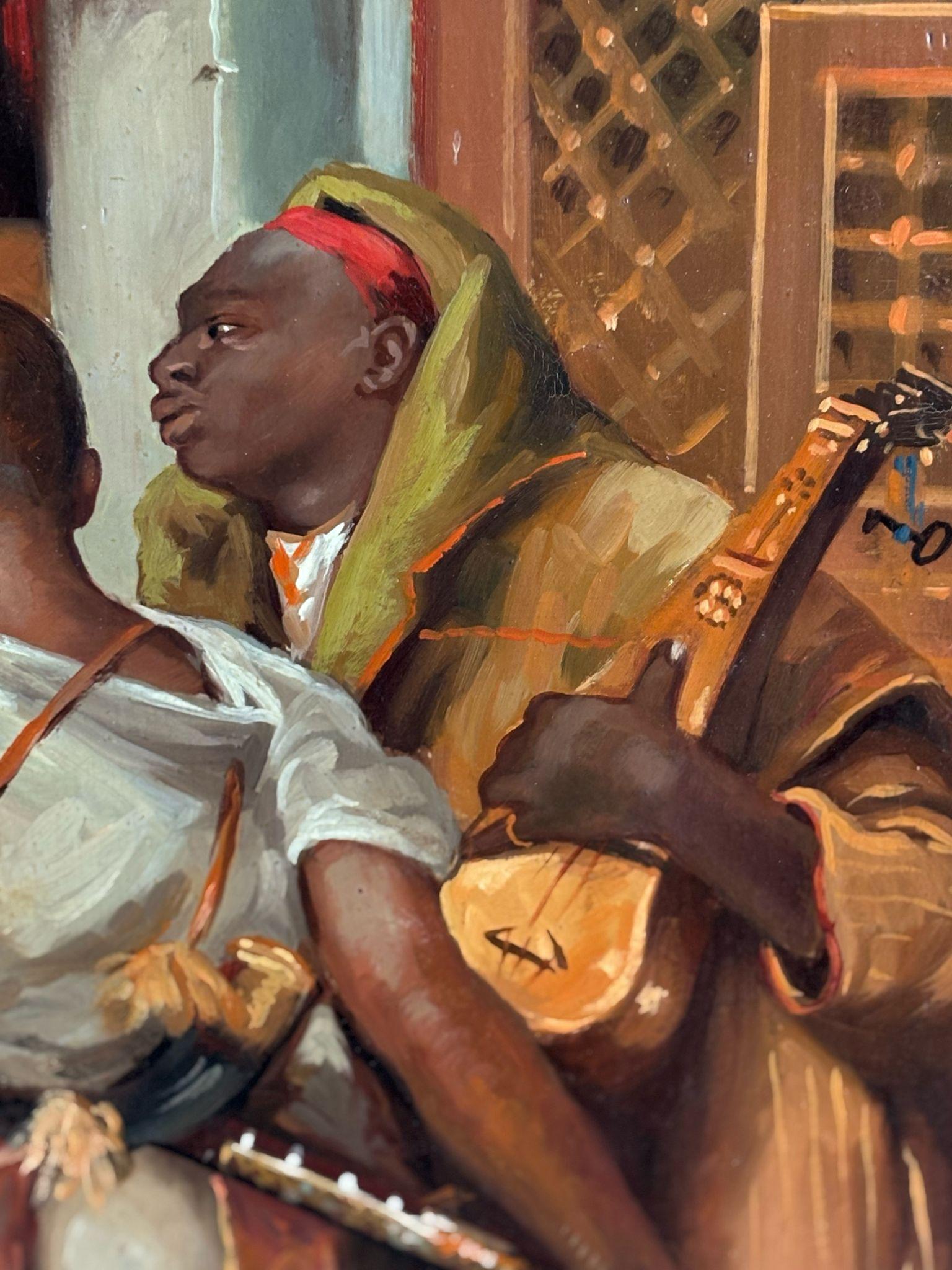 Interessante olio su tavola che rappresenta una scena di musica africana.

Es del siglo XIX, no le veo firma, va con un bonito marco de época posterior.

In un buono stato generale ha solo delle piccole imperfezioni nel marco.

Medidas: 49 x 39 cm;