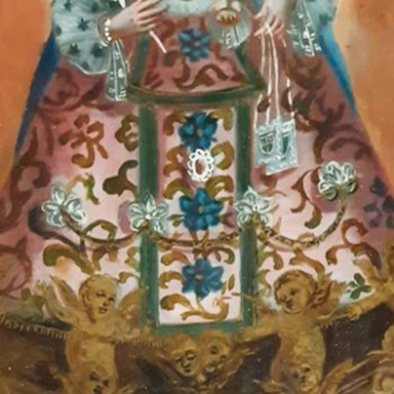 Escuela Colonial Siglo XVIII - XIX  Óleo sobre cristal  - Virgen con niño. - Beige Figurative Painting by Unknown