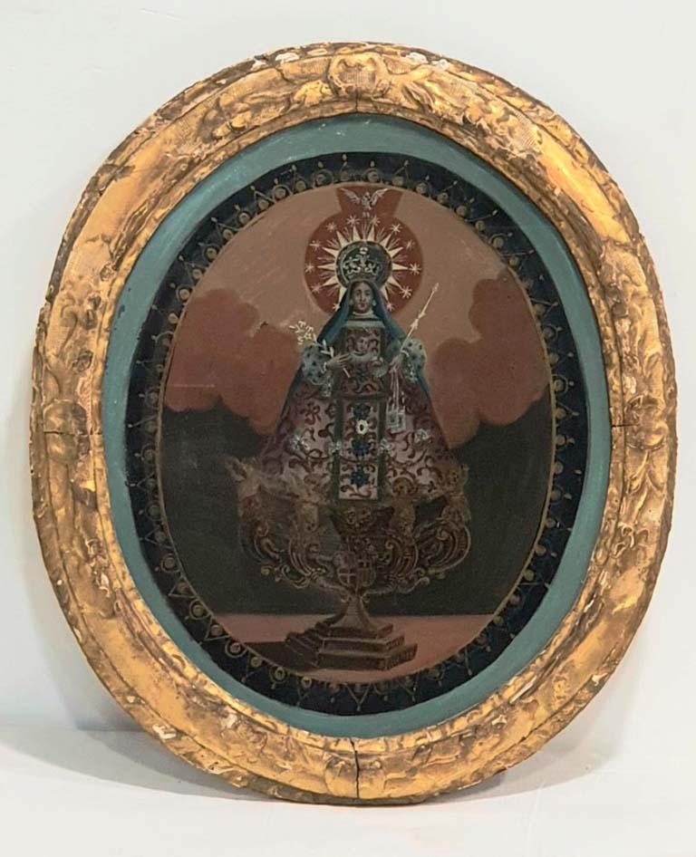 Escuela Colonial Siglo XVIII - XIX  Óleo sobre cristal  - Virgen con niño. - Painting by Unknown