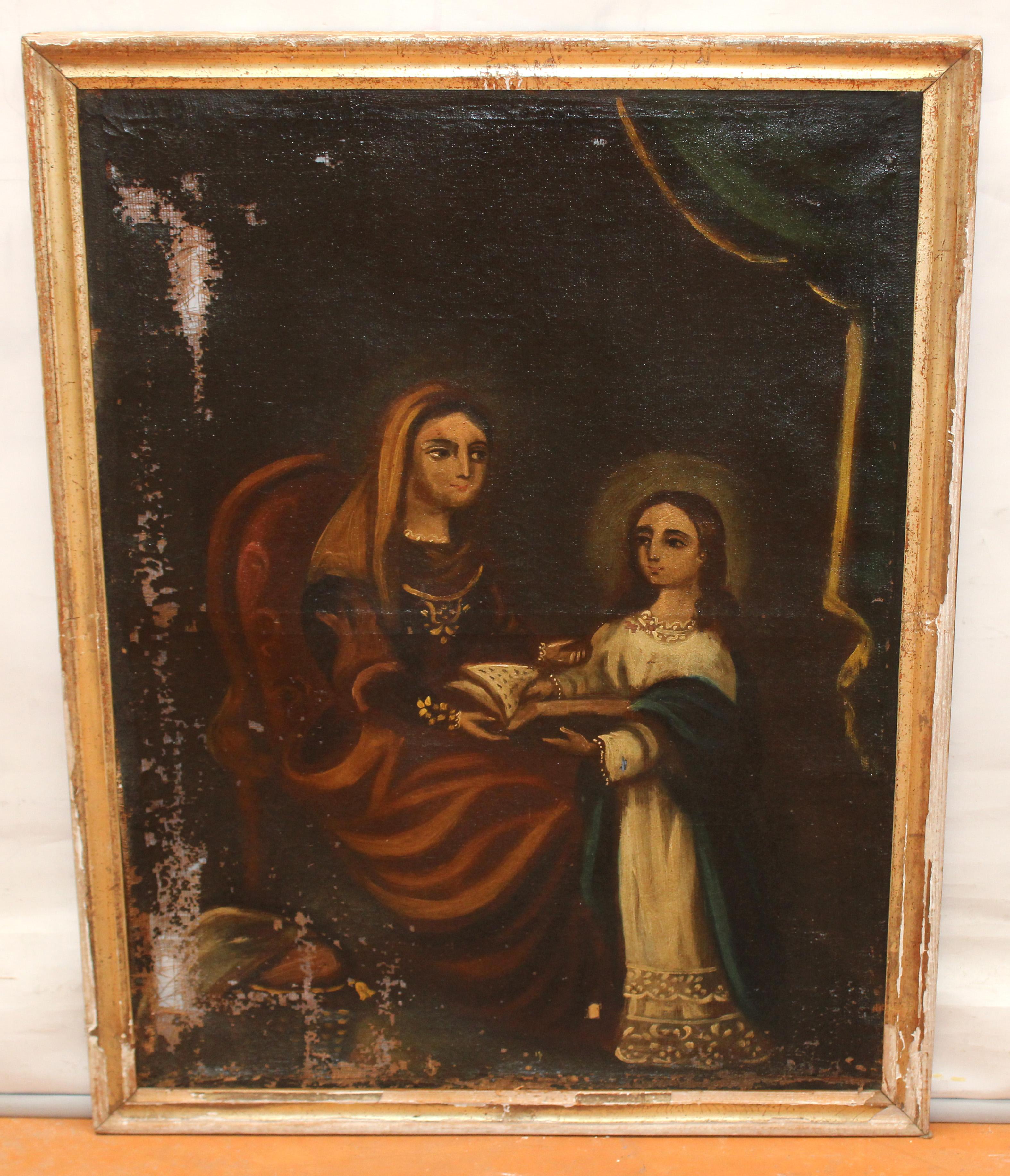 Escuela colonial (XVIII) - Óleo en tela - La enseñanza de santa Ana a la virgen - Painting de Unknown