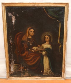 Escuela colonial (XVIII) - Óleo en tela - La enseñanza de santa Ana a la virgen