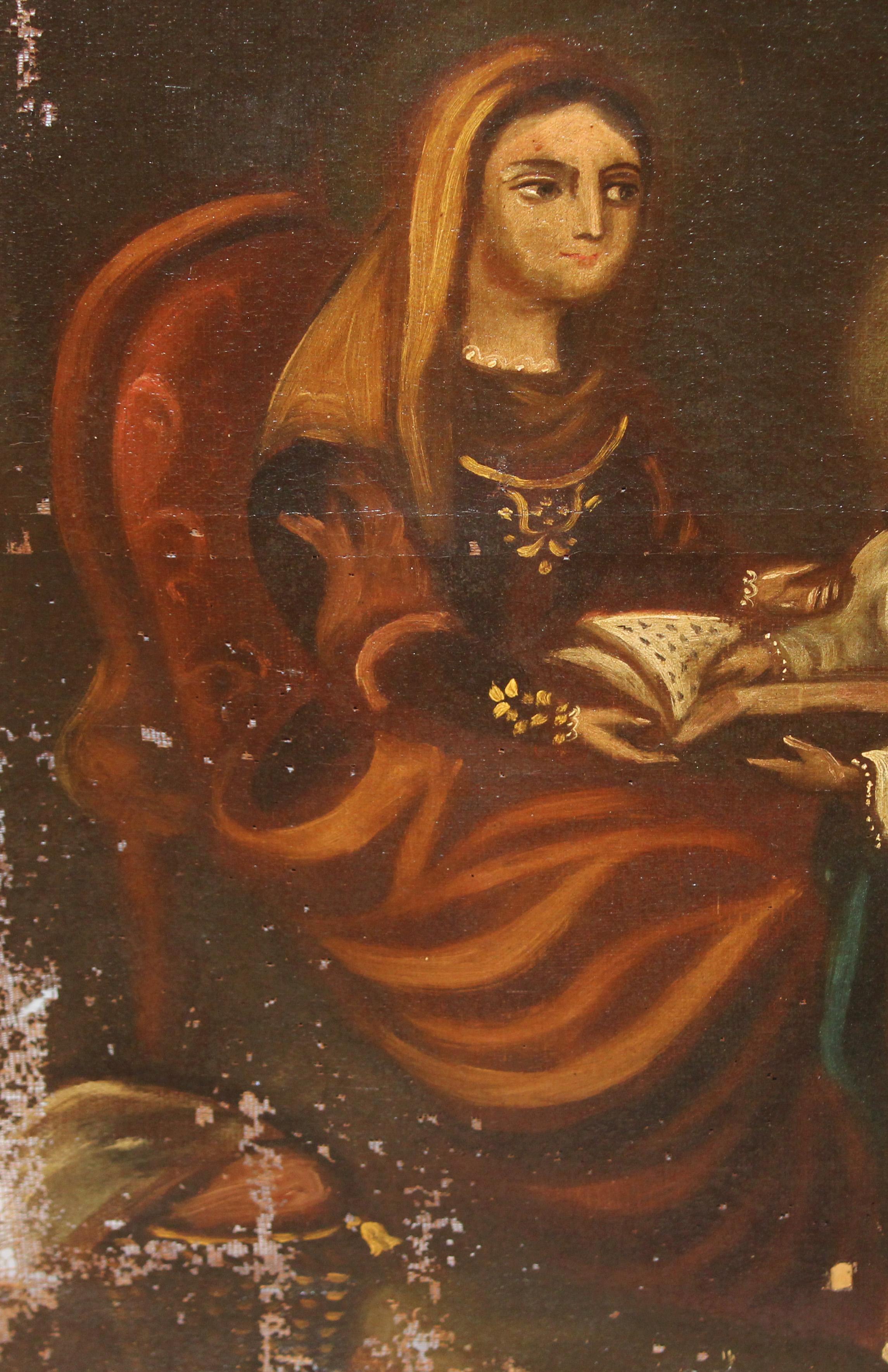Escuela colonial (XVIII) - Óleo en tela - La enseñanza de santa Ana a la virgen - Figurative Painting Negro de Unknown