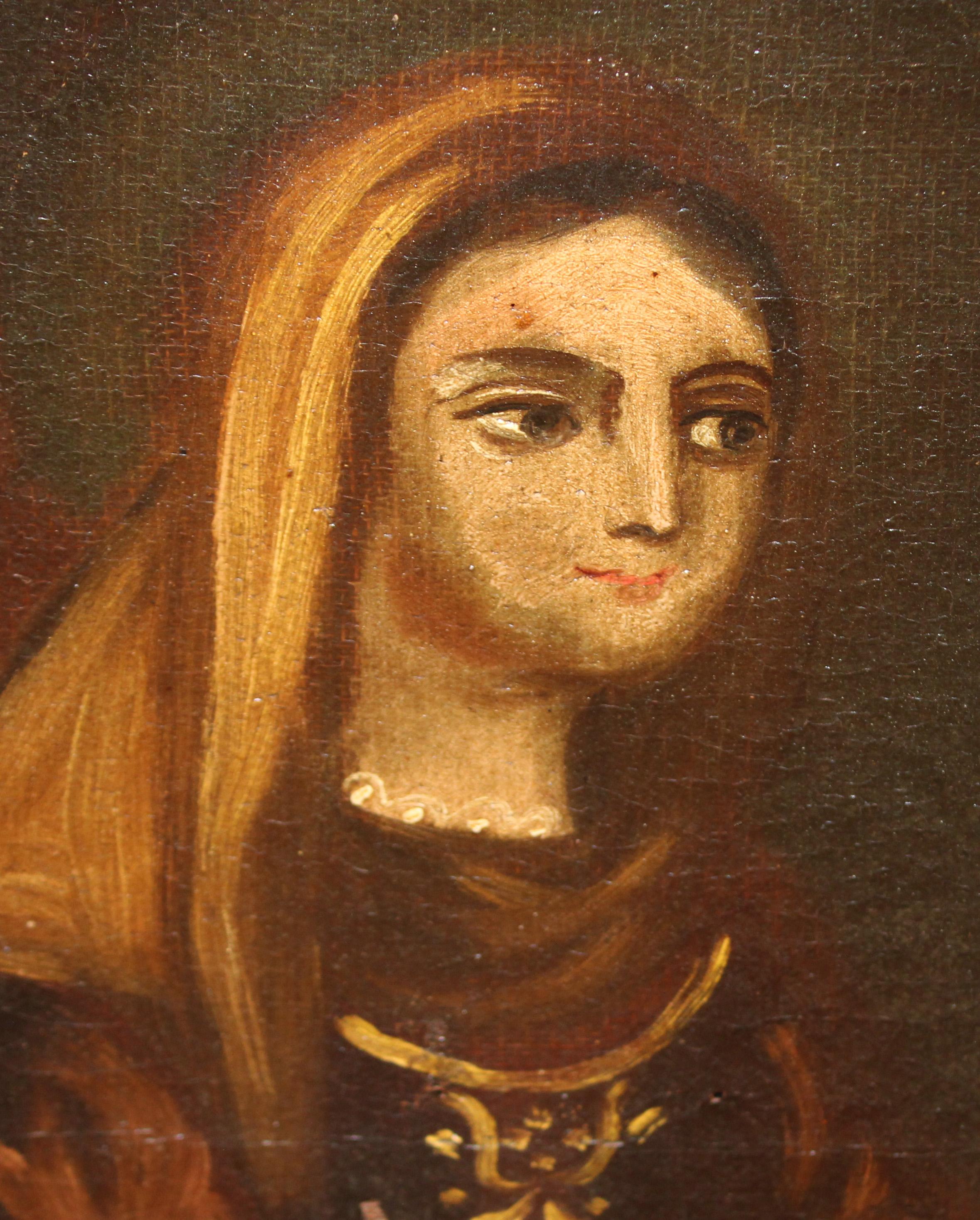 La obra se presenta enmarcada con su marco original de la época (el marco presenta faltas y desgastes)

El estado de la obra se puede ver, tiene perdidas y de pintura y faltas en la tela y precisará restauraciónr (ver fotografias adjuntas)

Medidas