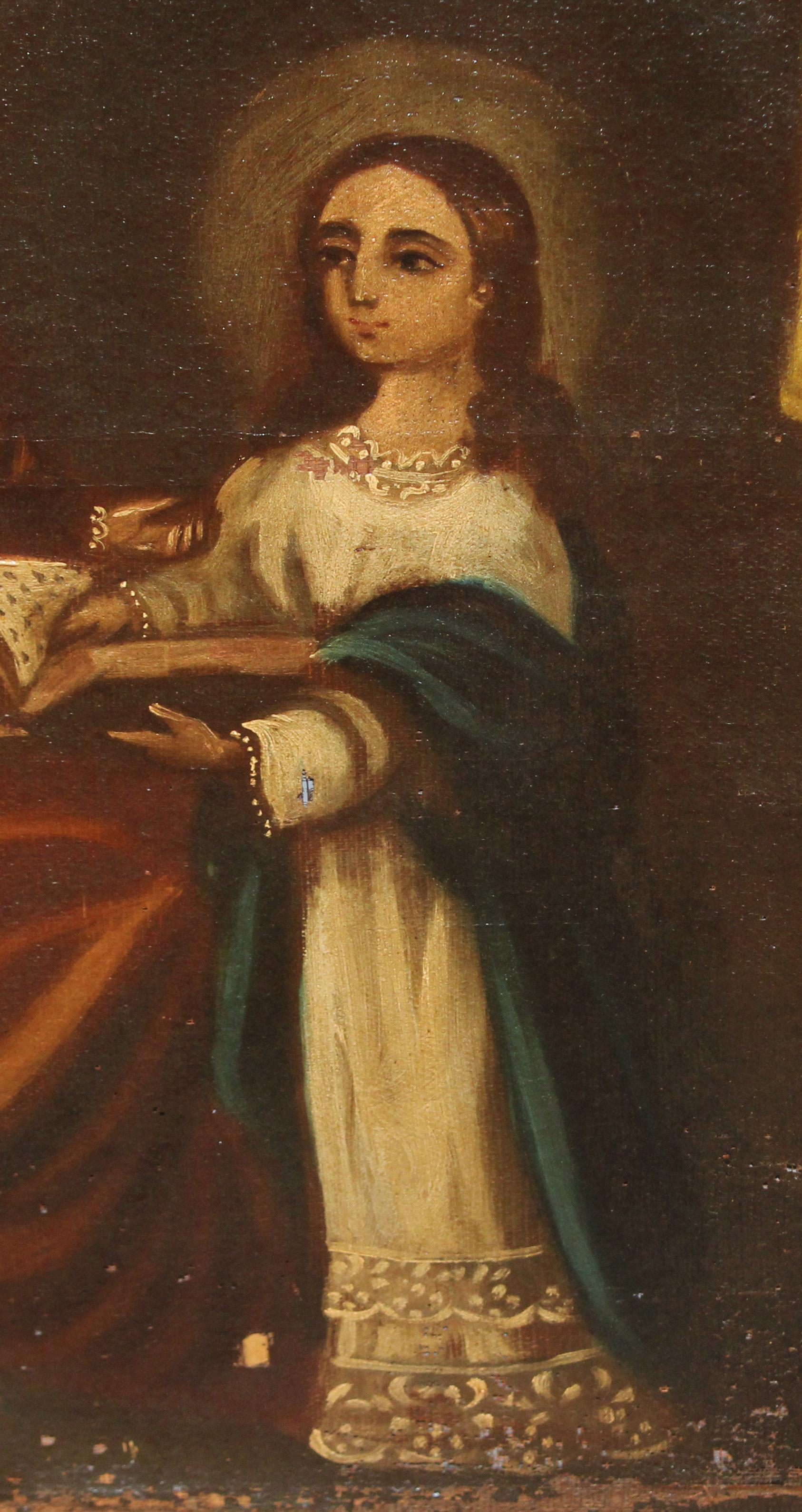 Escuela colonial (XVIII) - Óleo en tela - La enseñanza de santa Ana a la virgen en venta 1