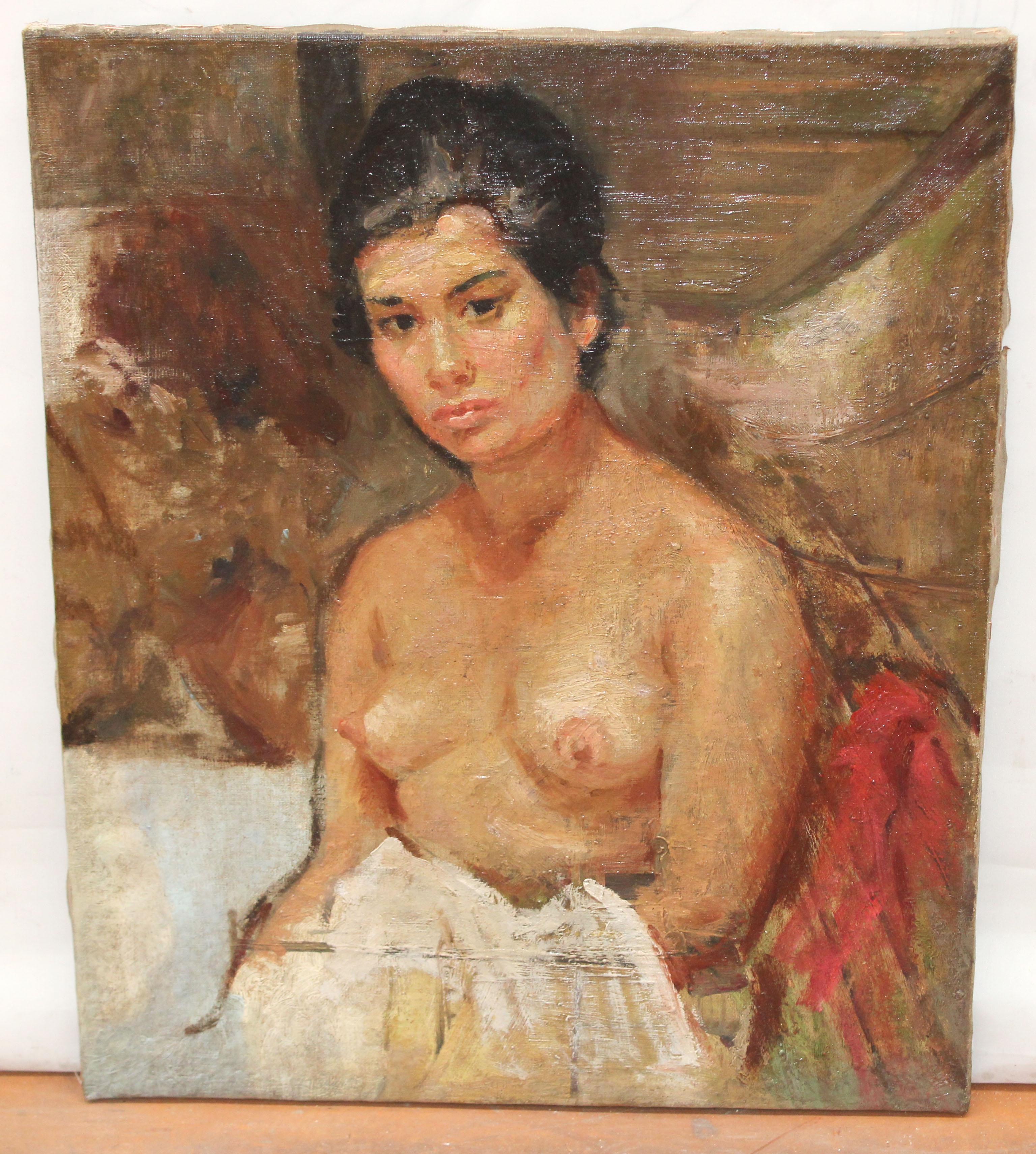 Escuela Española - Joven semi desnuda - Óleo sobre tela - Painting by Unknown