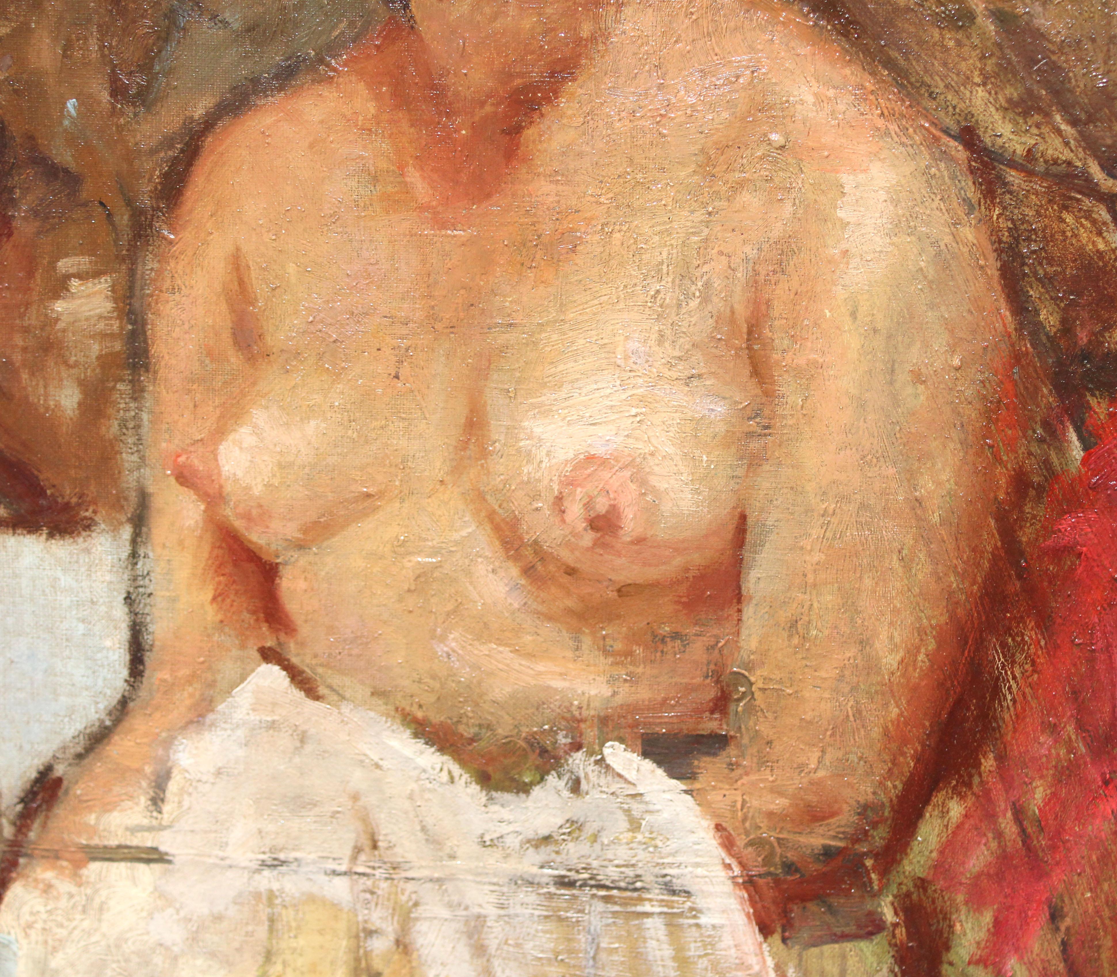 Escuela Española - Joven semi desnuda - Óleo sobre tela - Brown Nude Painting by Unknown