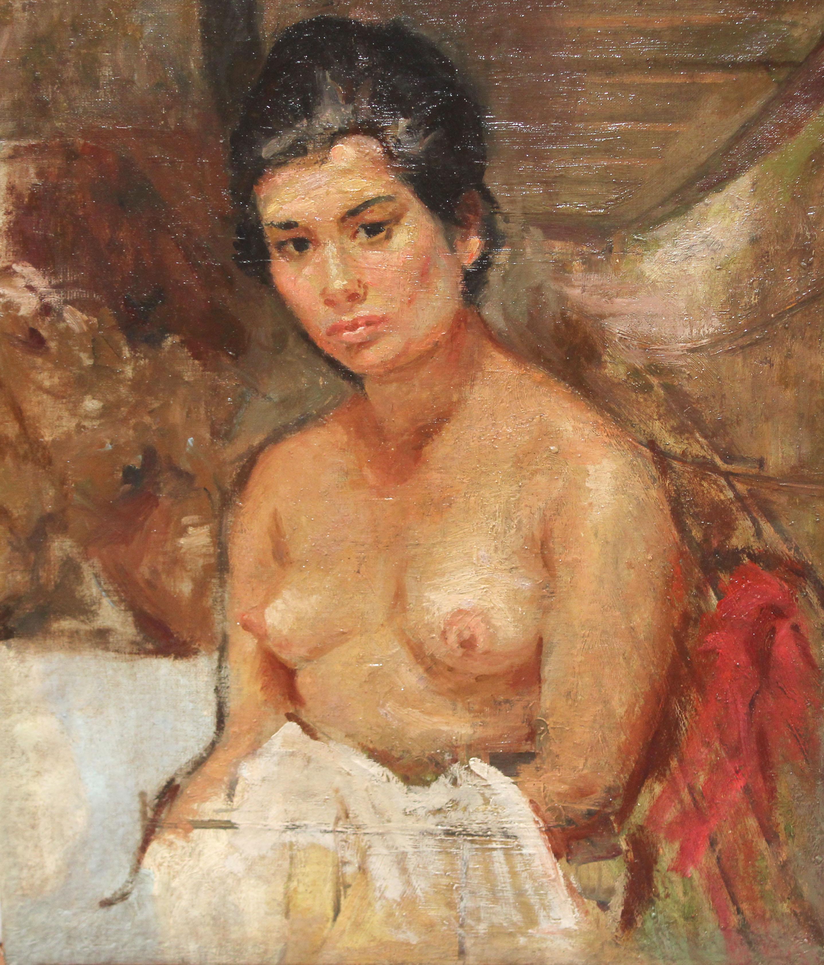 Unknown Nude Painting - Escuela Española - Joven semi desnuda - Óleo sobre tela