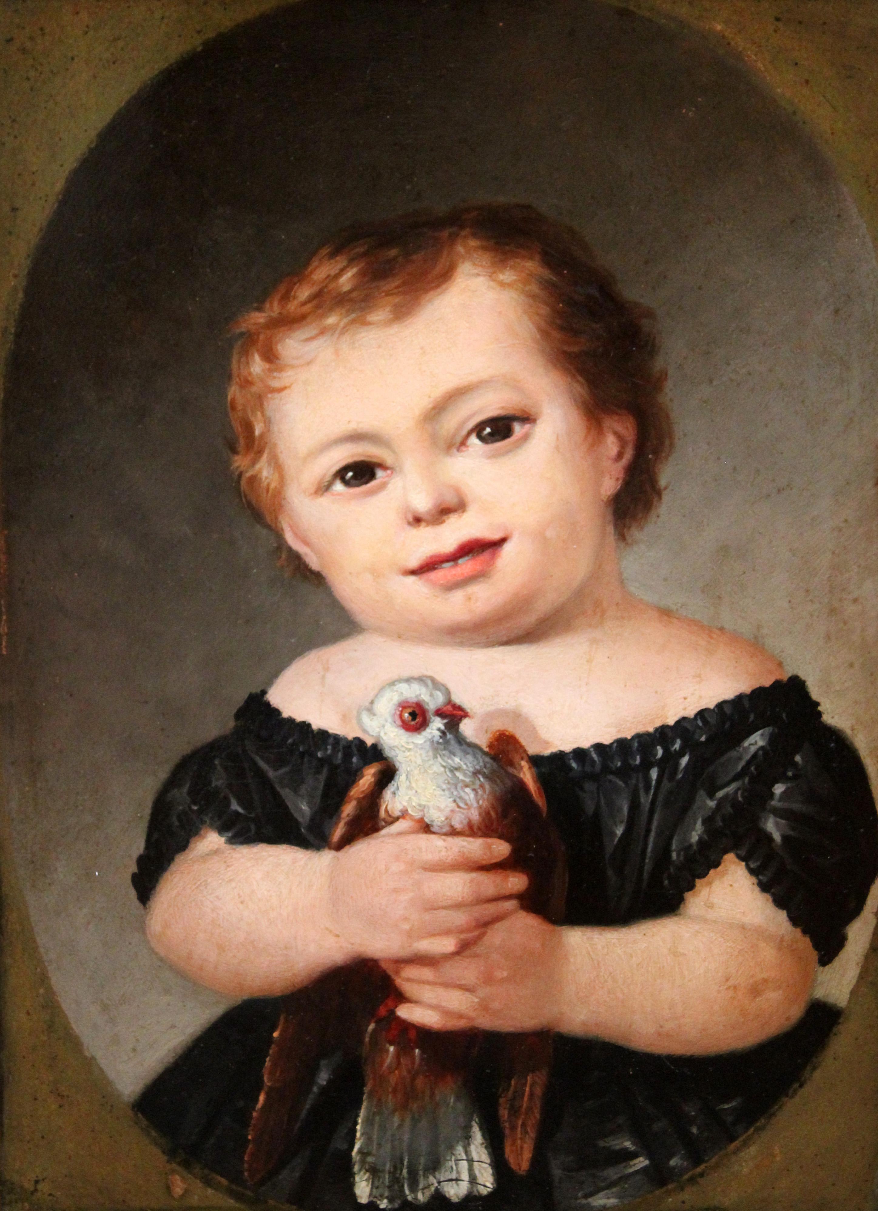 Figurative Painting di Unknown - Escuela española (XIX) - Niña con paloma