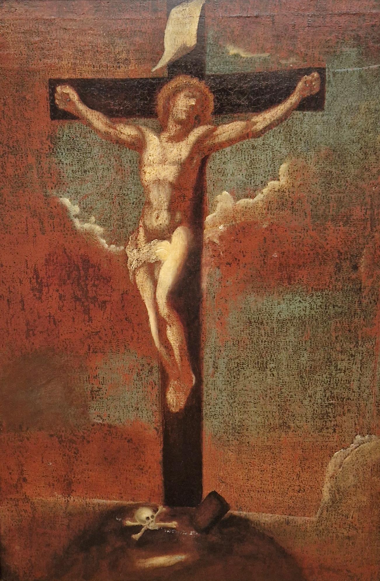 Escuela española (XIX) - Óleo sobre cartón - Cristo crucificado