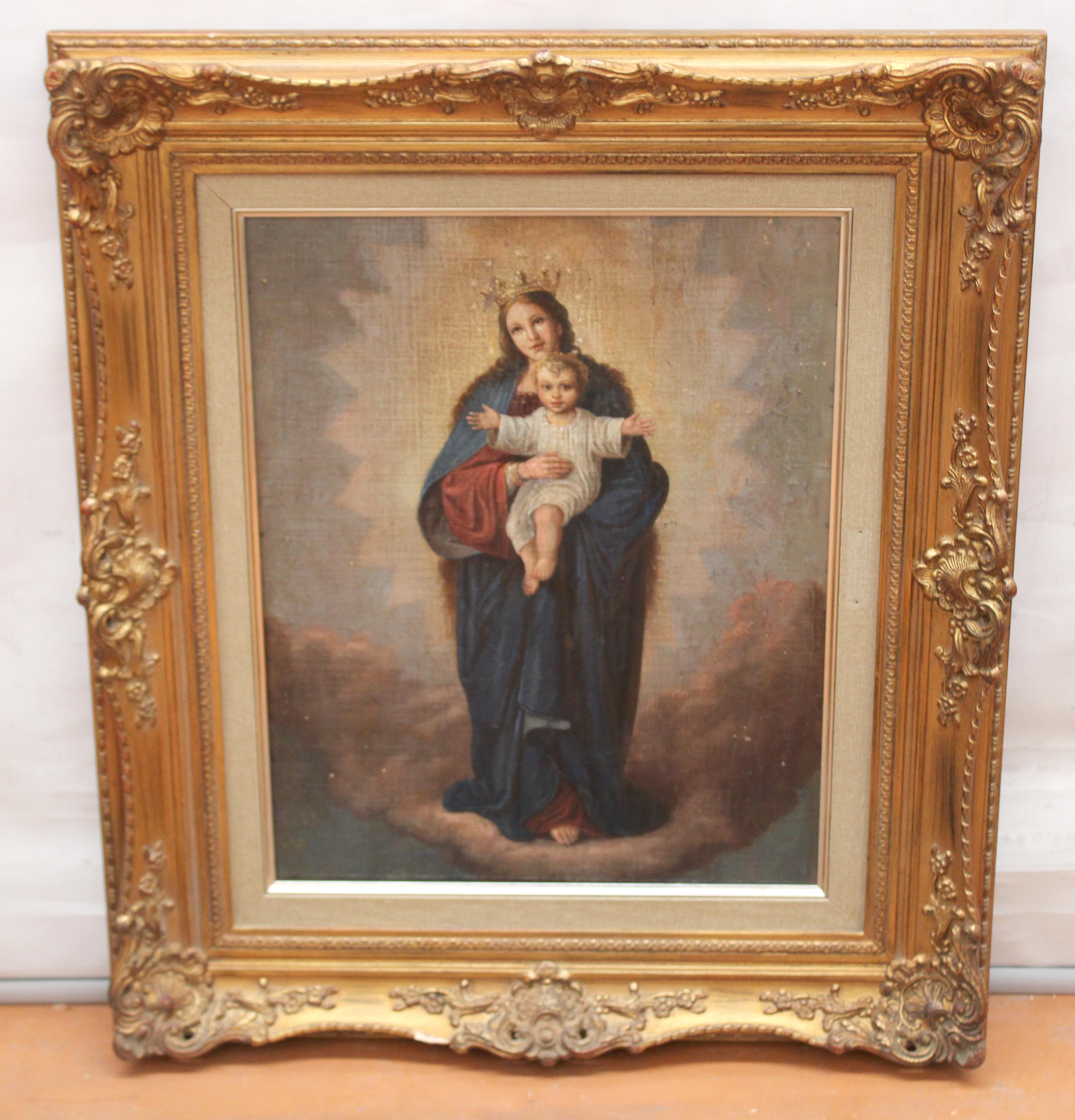 Escuela española (XIX) - Óleo sobre tabla - Virgen con niño – Painting von Unknown