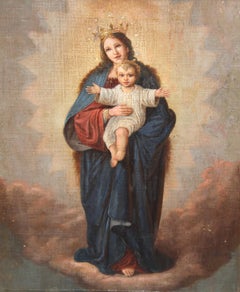 Escuela española (XIX) - Óleo sobre tabla - Virgen con niño