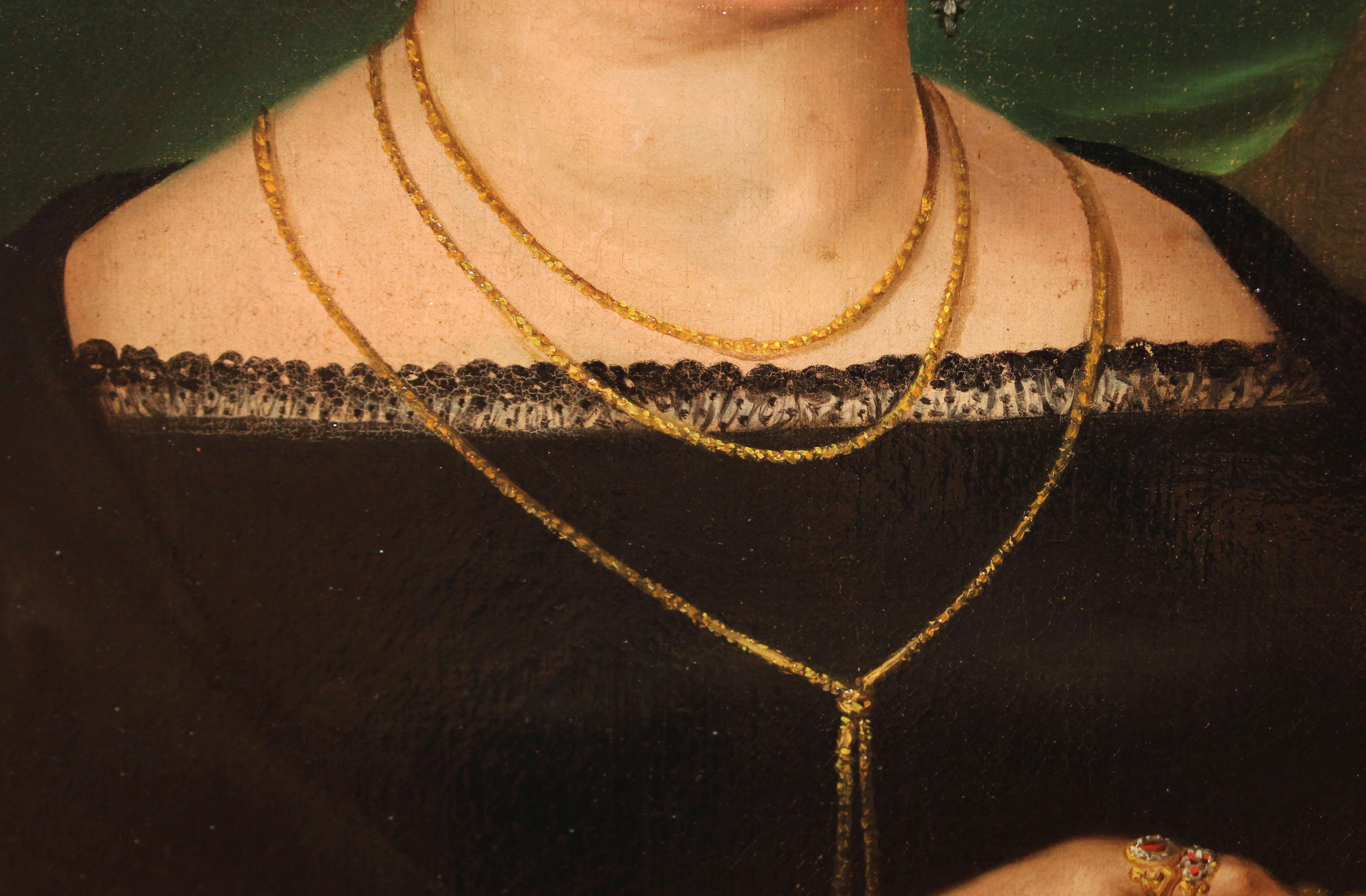 Escuela española (XIX) - Óleo sobre tela - Retrato de dama con joyas y monóculo - Black Portrait Painting by Unknown