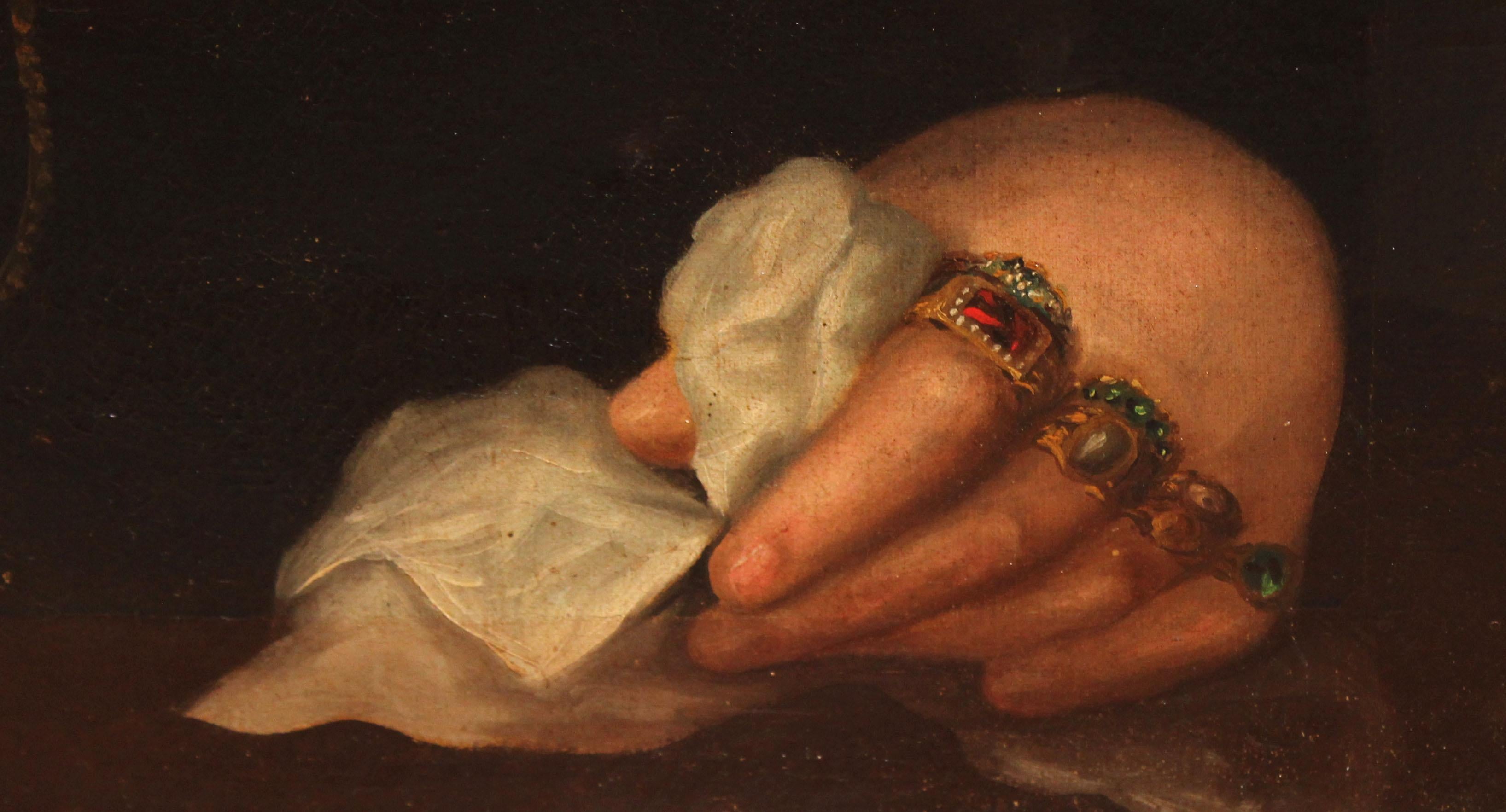 Escuela española (XIX) - Óleo sobre tela - Retrato de dama con joyas y monóculo For Sale 1