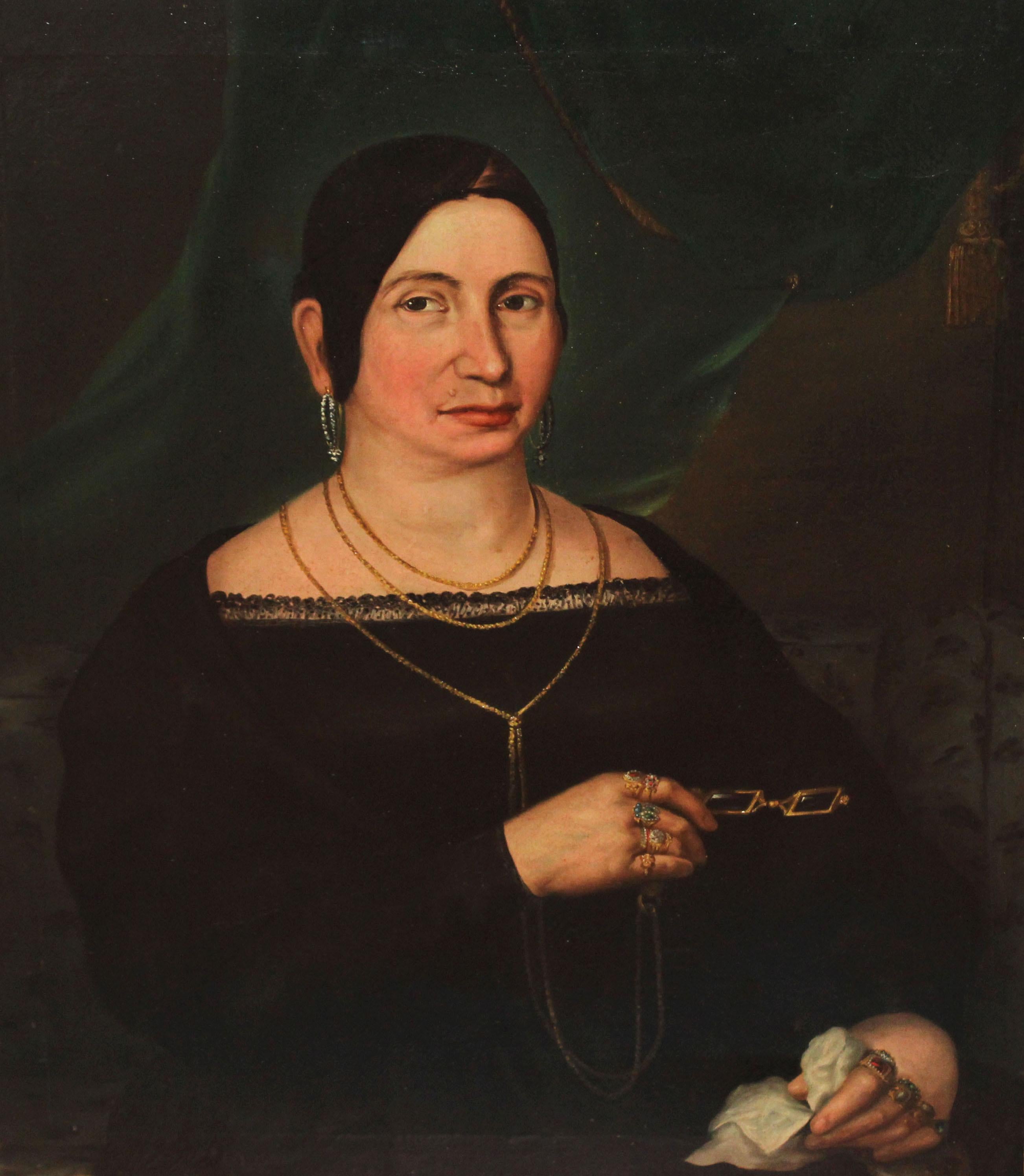 Escuela española (XIX) - Óleo sobre tela - Retrato de dama con joyas y monóculo