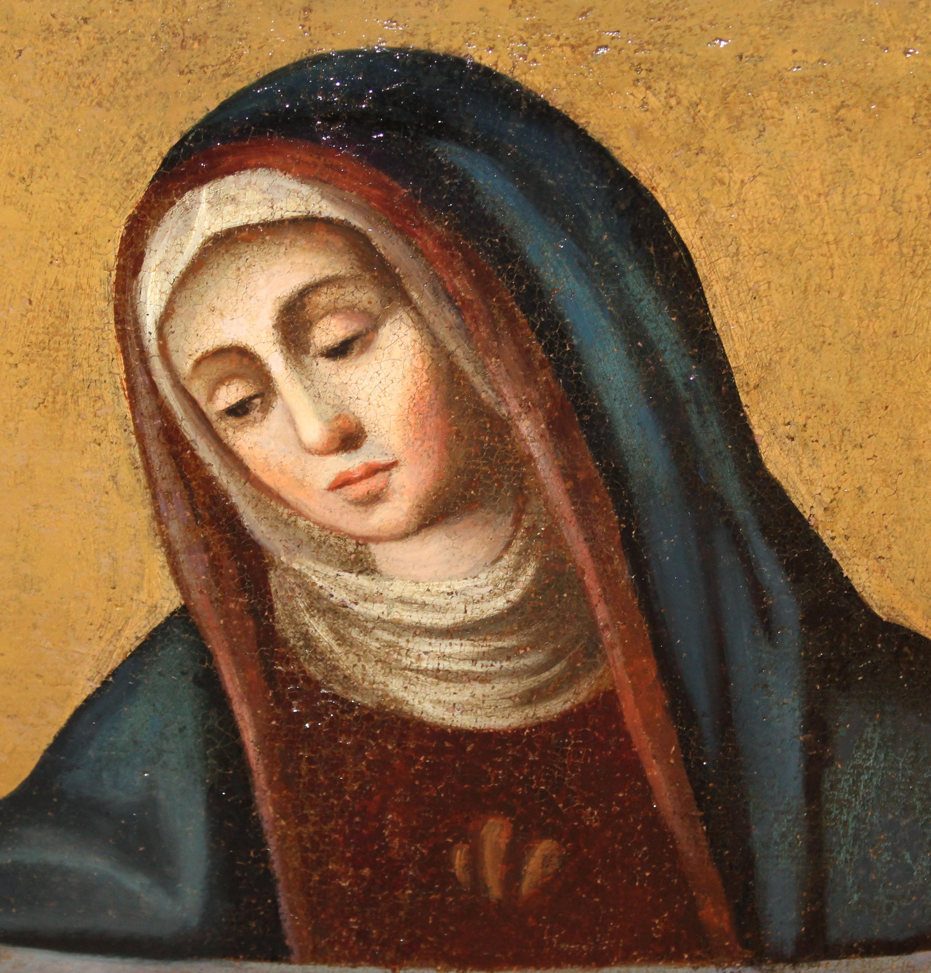 Como pueden apreciar, la obra no va firmada, es de autor anónimo

Presenta l'opera con un marchio di alta epoca.

Lo stato dell'opera è buono, solo che la tela è rientrata.

Dimensioni dell'opera: 86 cm. di altezza x 64 cm. di altezza

Medidas obra
