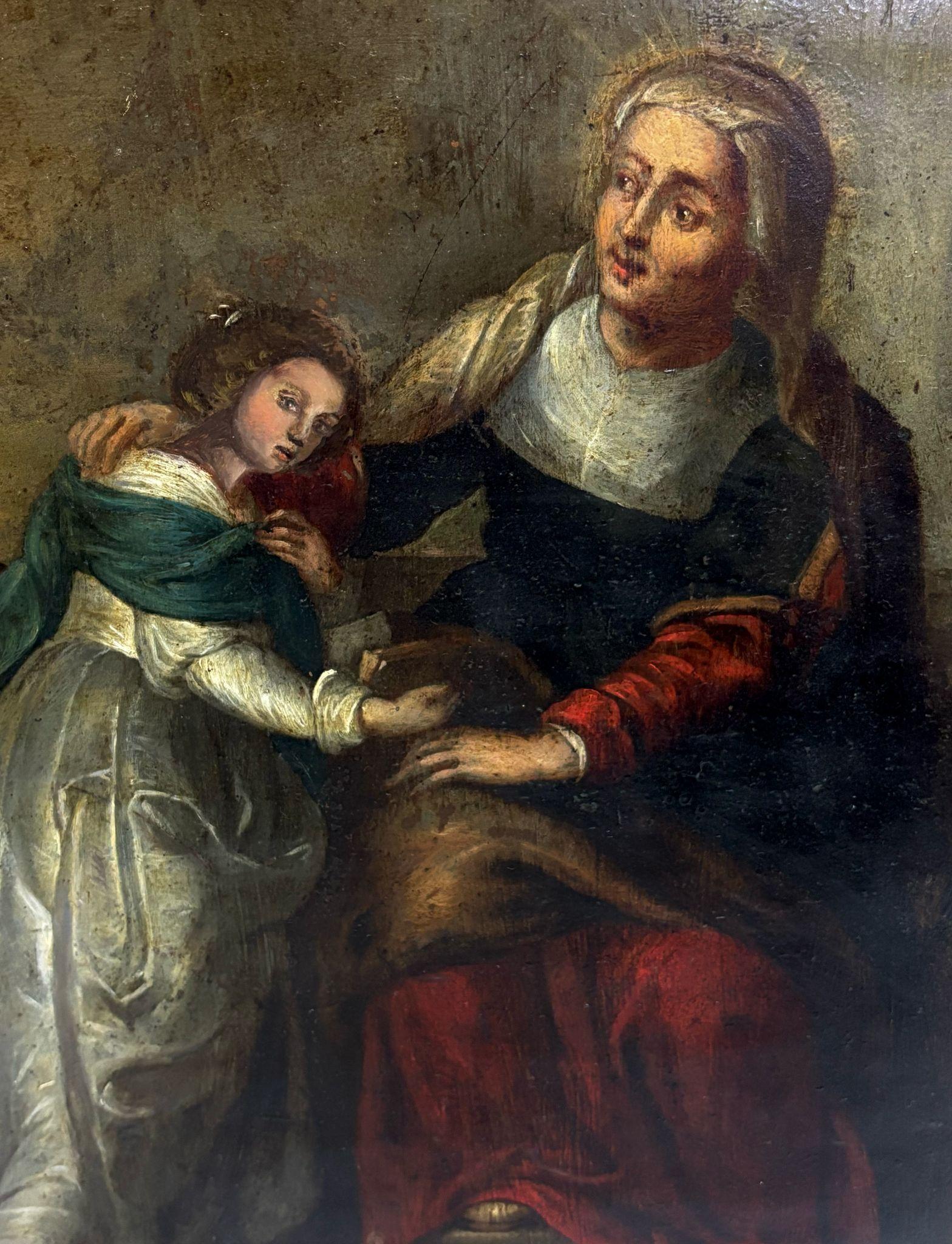 San Joaquín, Santa Ana y la Virgen niña - óleo sobre cobre, SG XVIII - Figurative Painting Negro de Unknown