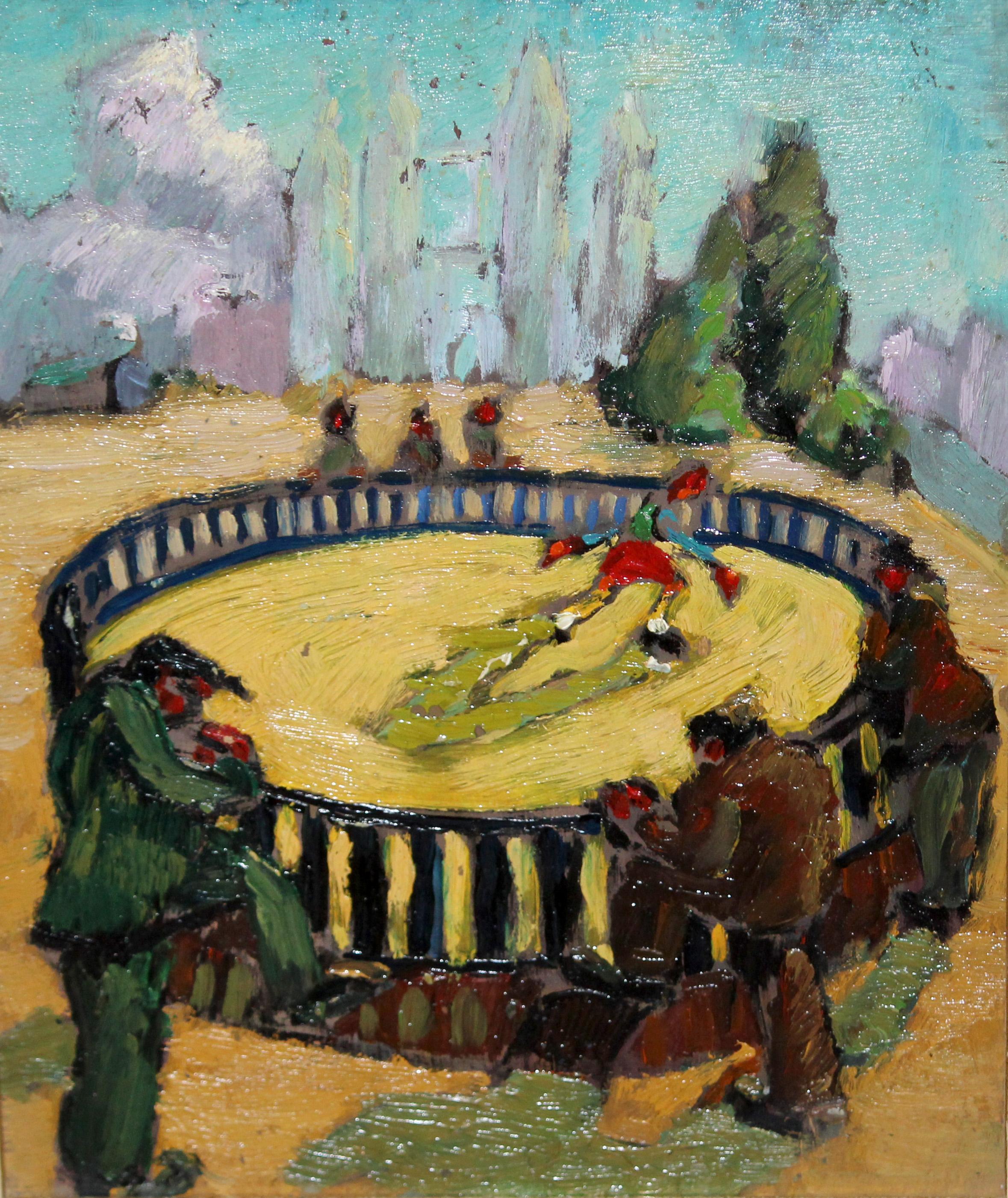 Unknown Figurative Painting – Escuela fauvista - Óleo sobre tabla - Patinando