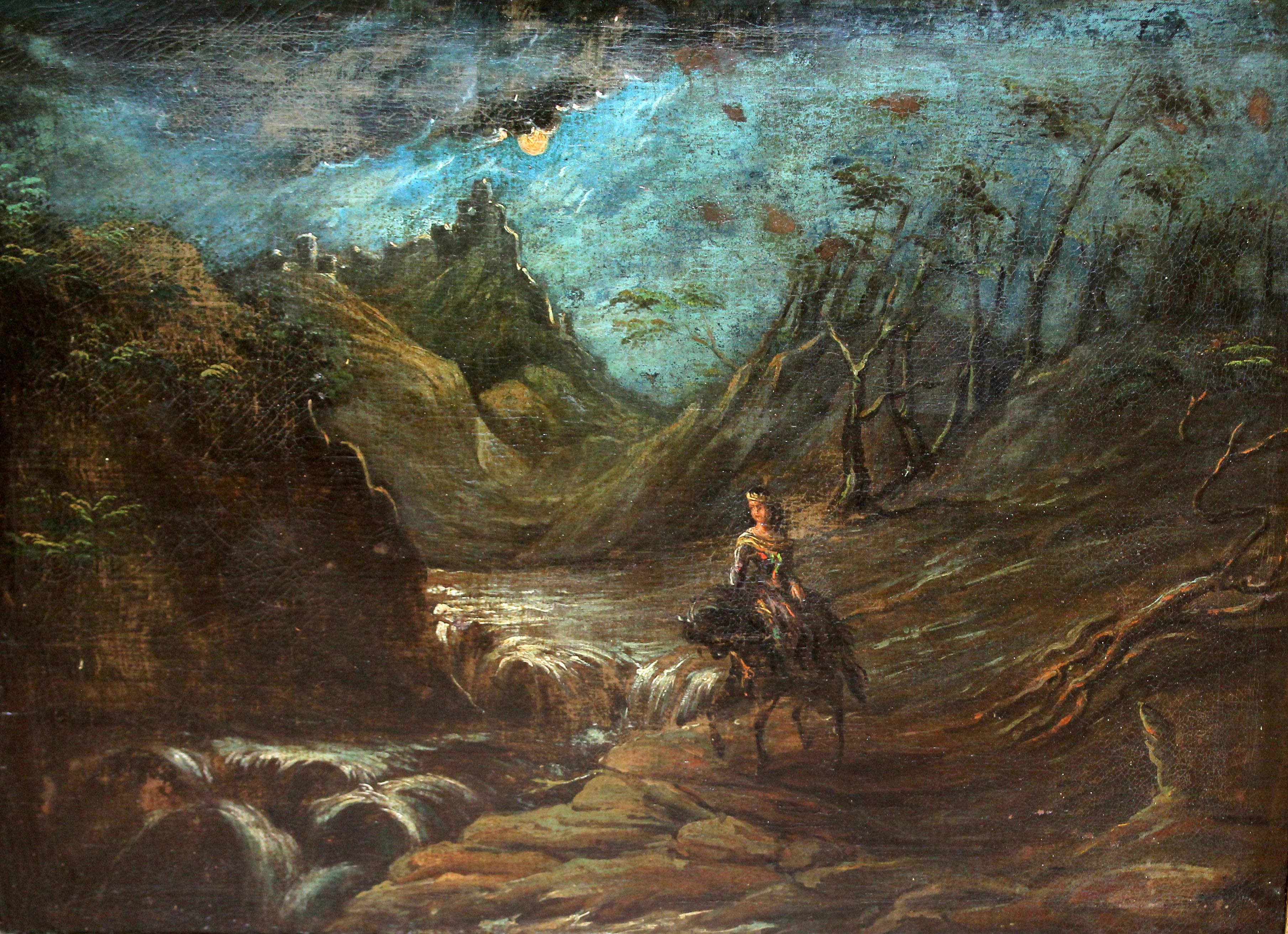 Unknown Landscape Painting – Escuela flamenca (siglo xviii) - Óleo sobre tela - Paisaje con figura a caballo
