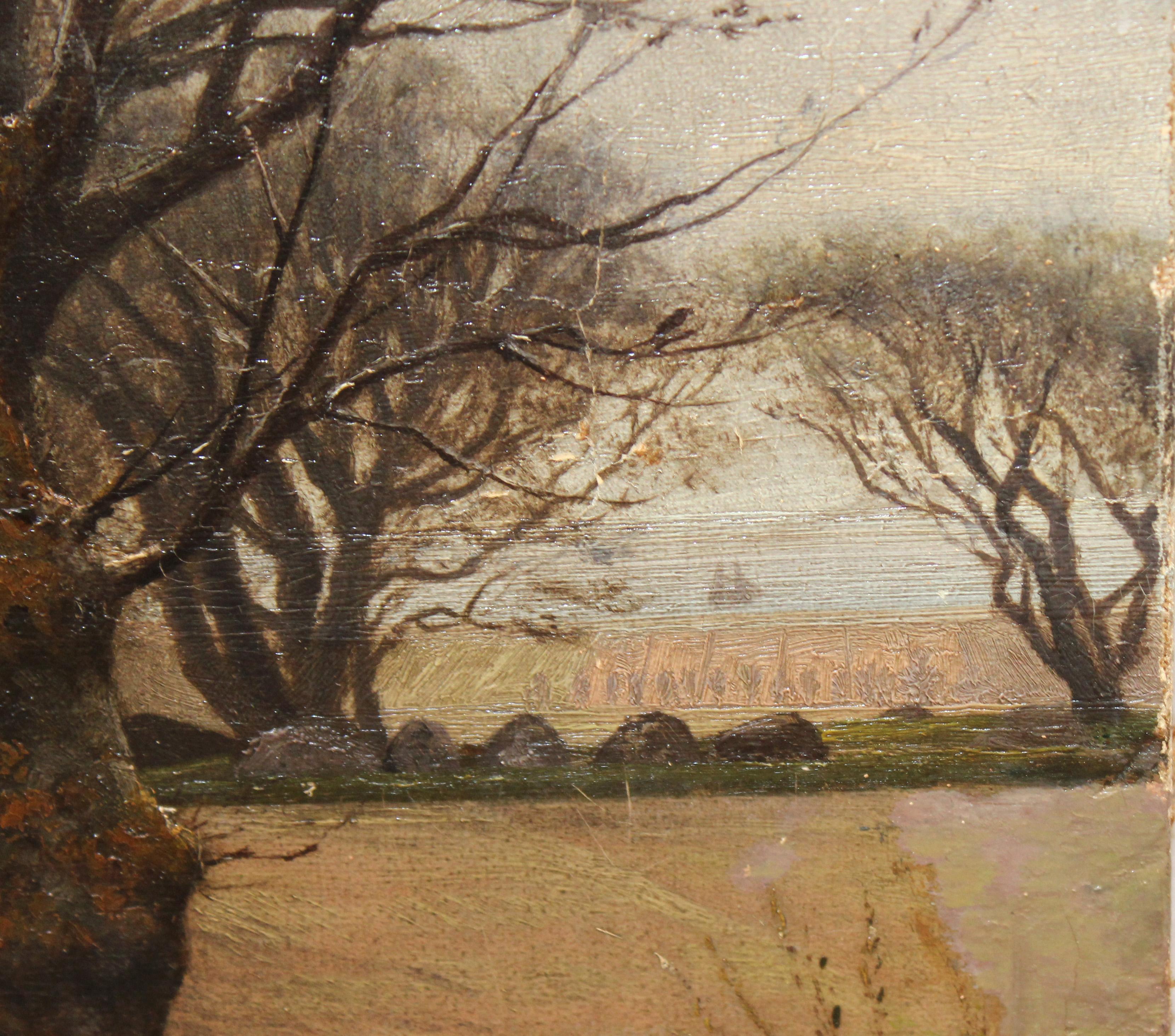 Escuela Francesa (XIX) - Sendero rural hacia el pueblo - Año 1886 - Marron Landscape Painting par Unknown