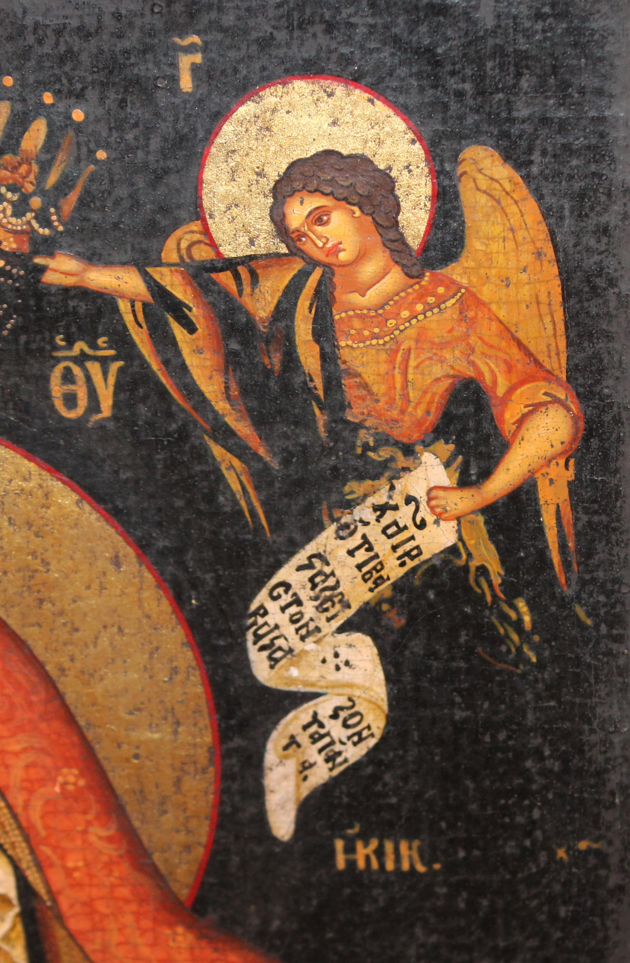 Escuela griega (XIX) - Icono de estilo Bizantino - Firmado - Brown Figurative Painting by Unknown