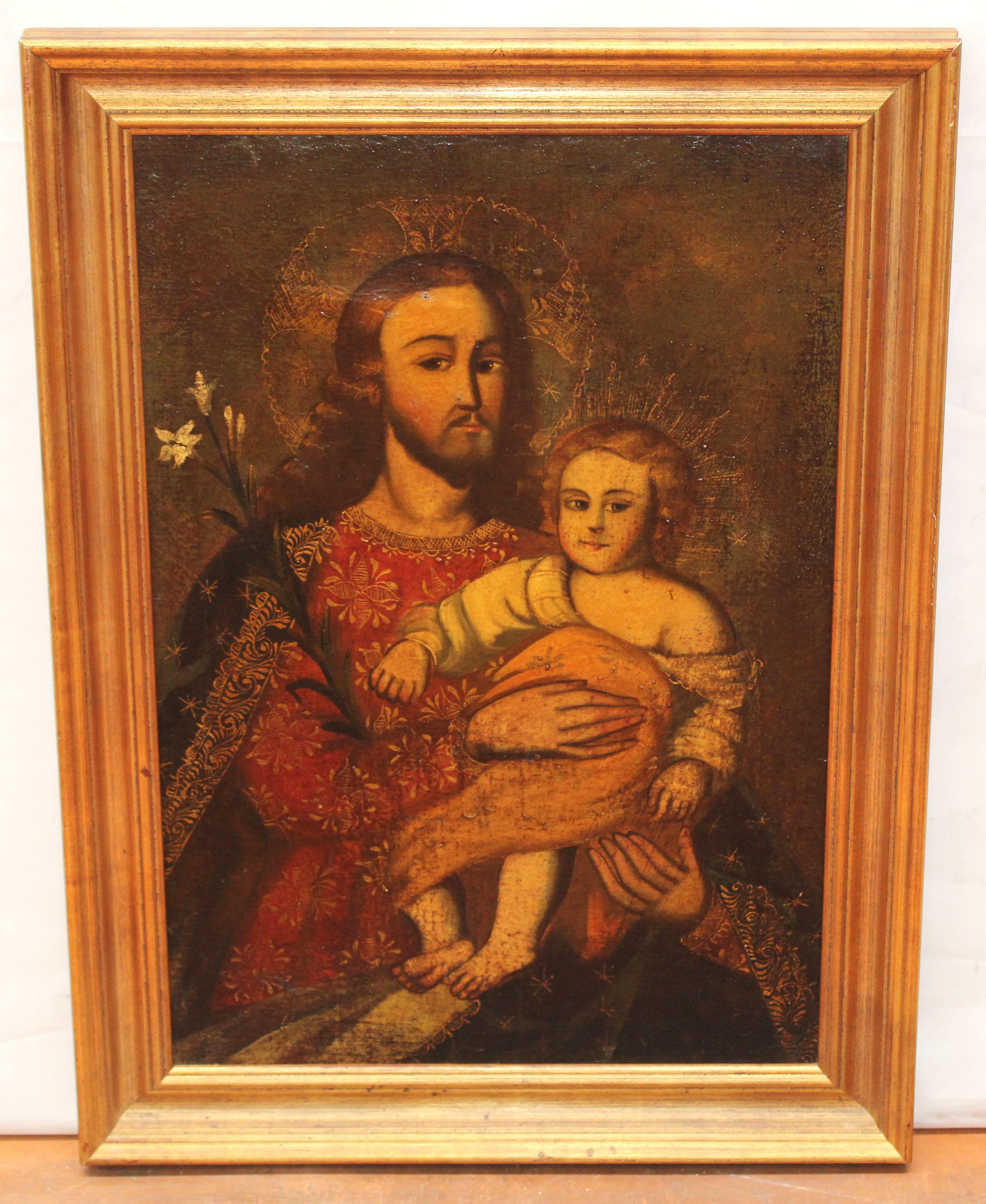 Escuela Hispano-colonial (XIX) - Óleo sobre tela - San José con niño – Painting von Unknown
