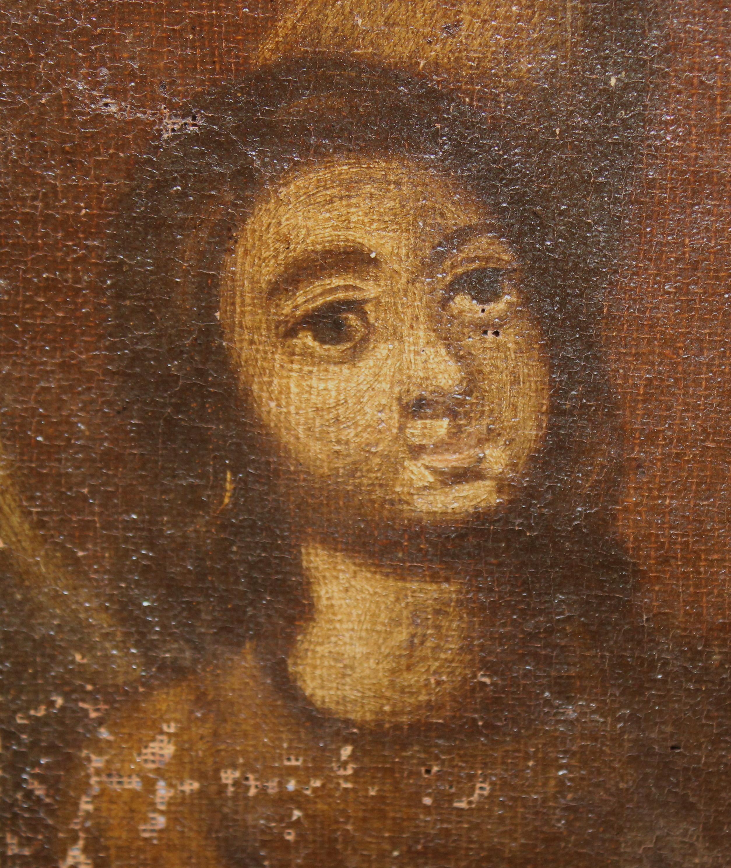 La obra se presenta enmarcada con su marco original de la época (el marco presenta faltas y desgastes)

El estado de la obra se puede ver, tiene algunas faltas de pintura y faltas en la tela y precisará arreglo (ver fotografias adjuntas)

Medidas