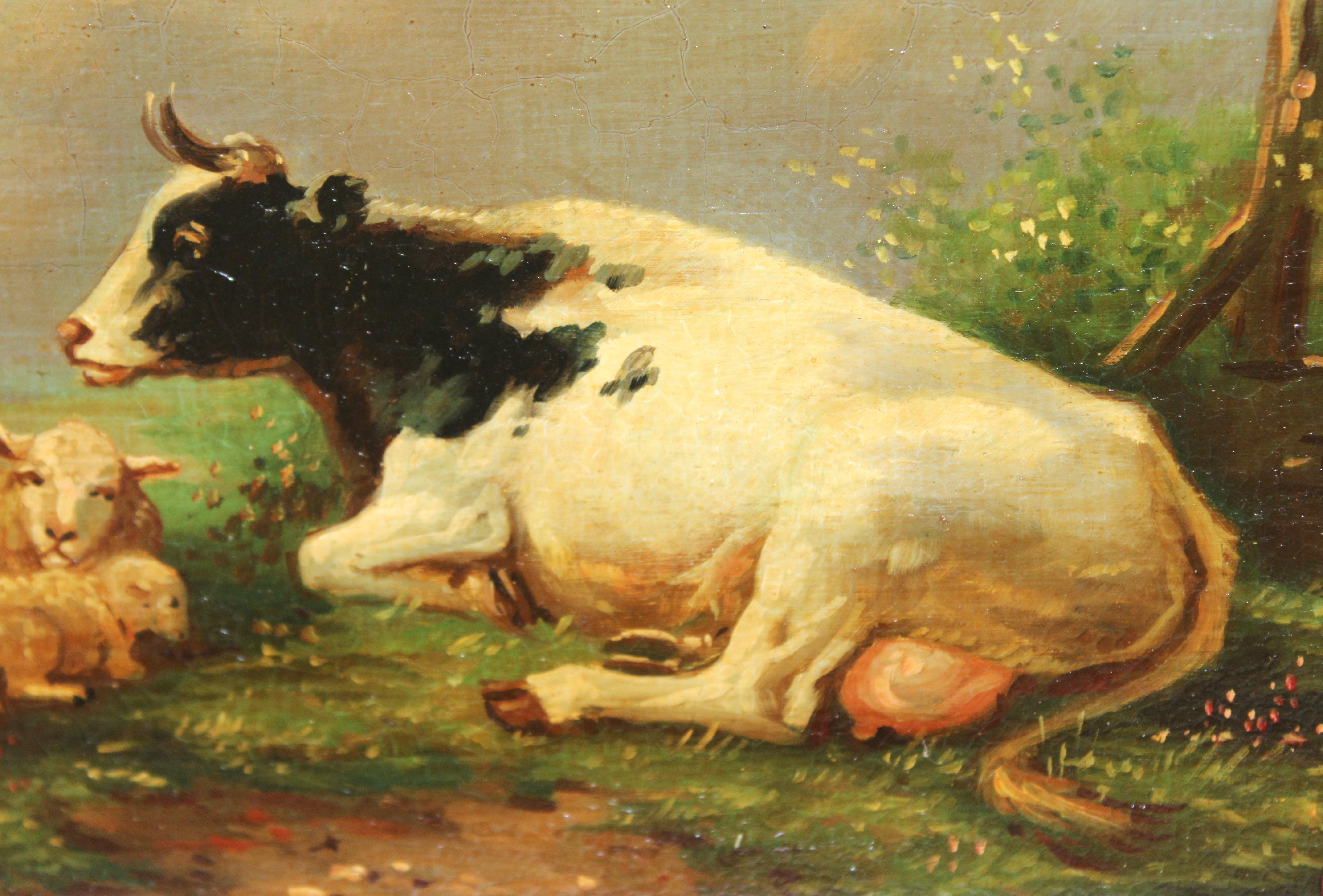 Escuela holandesa (XIX-XX) - Óleo sobre tabla - Paisaje con ganado in vendita 3