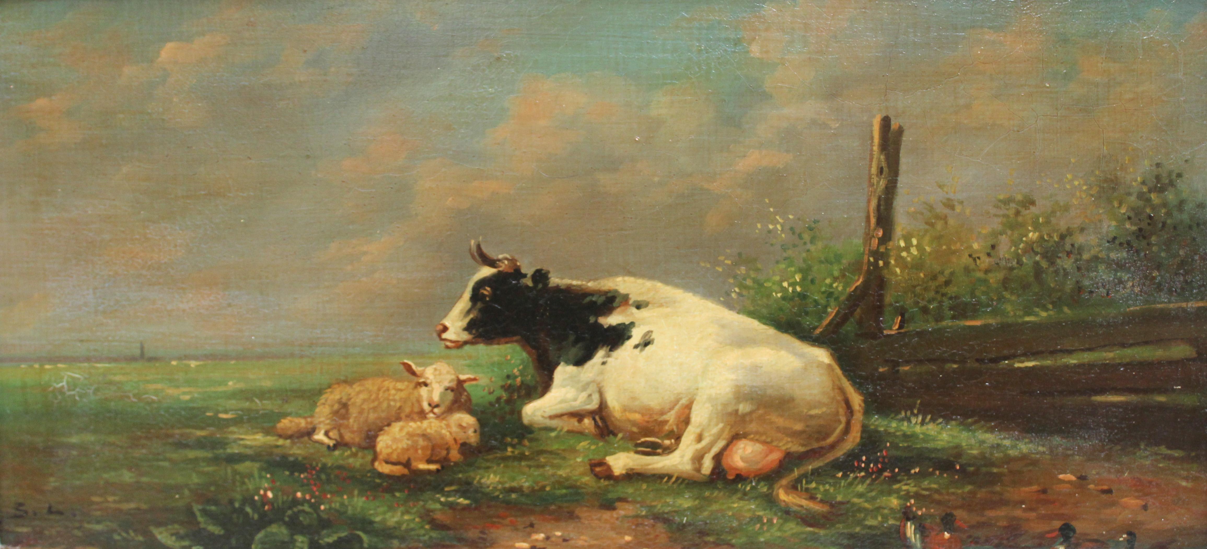 Animal Painting di Unknown - Escuela holandesa (XIX-XX) - Óleo sobre tabla - Paisaje con ganado