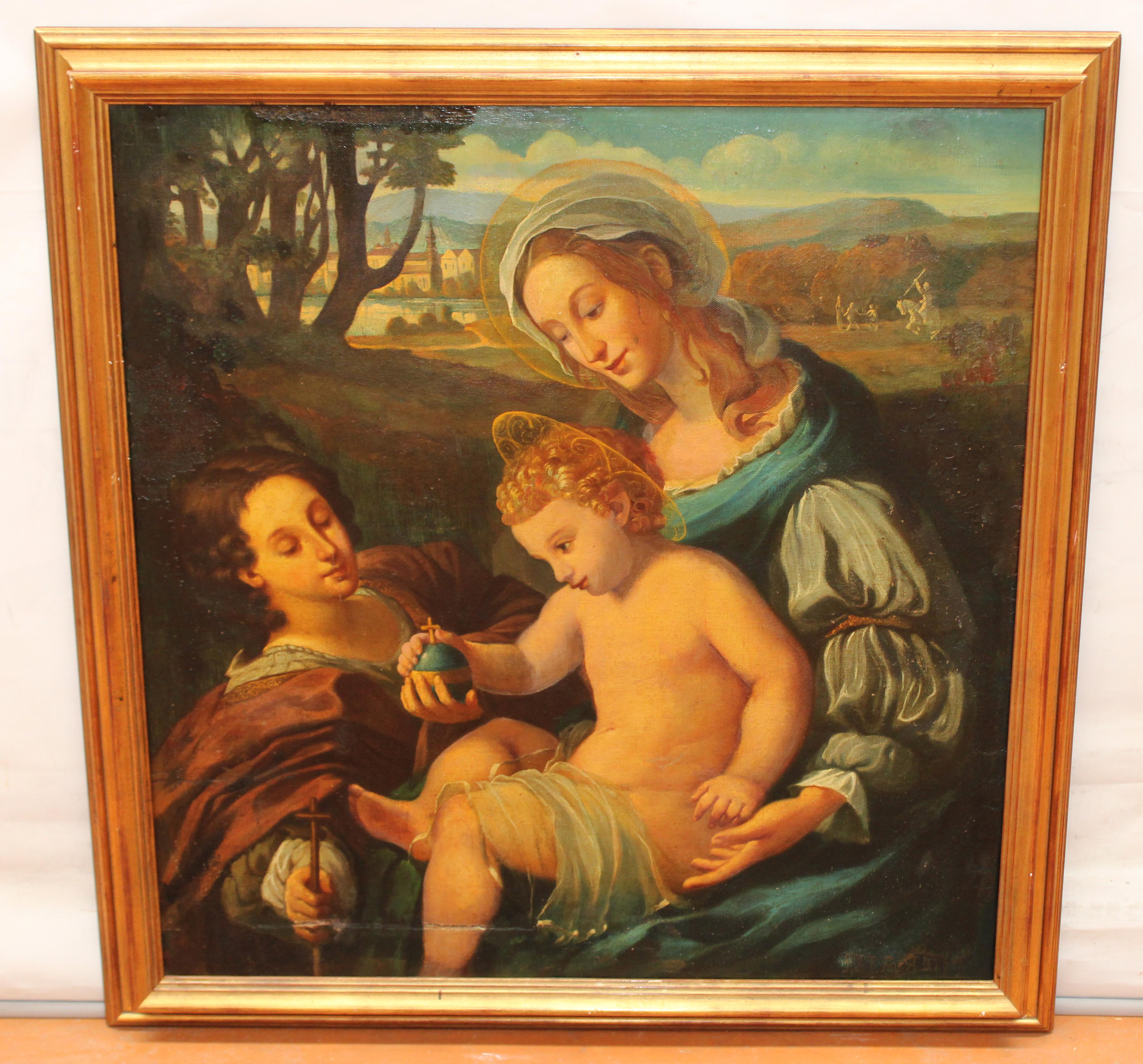 Escuela Rusa (Siglo XIX) - Óleo en tela firmado - La Virgen con niño y San Juan – Painting von Unknown