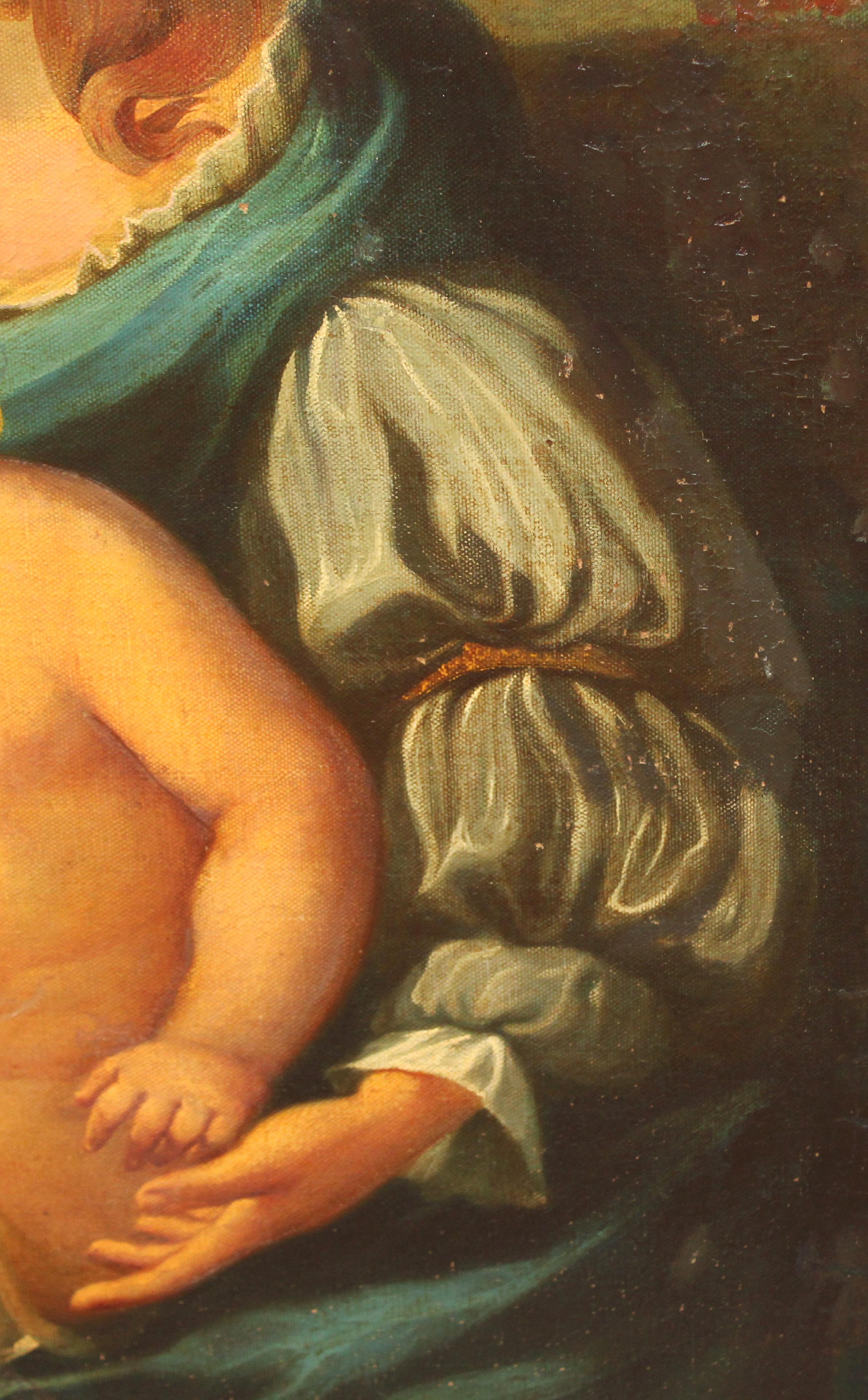 La obra va firmada en la parte inferior, pero desconozco la autoría

El estado de la obra se puede ver, presenta varias faltas y repintes y precisaría restauración (he puesto un amplio despliegue de fotos para que lo pueda apreciar)

Se presenta