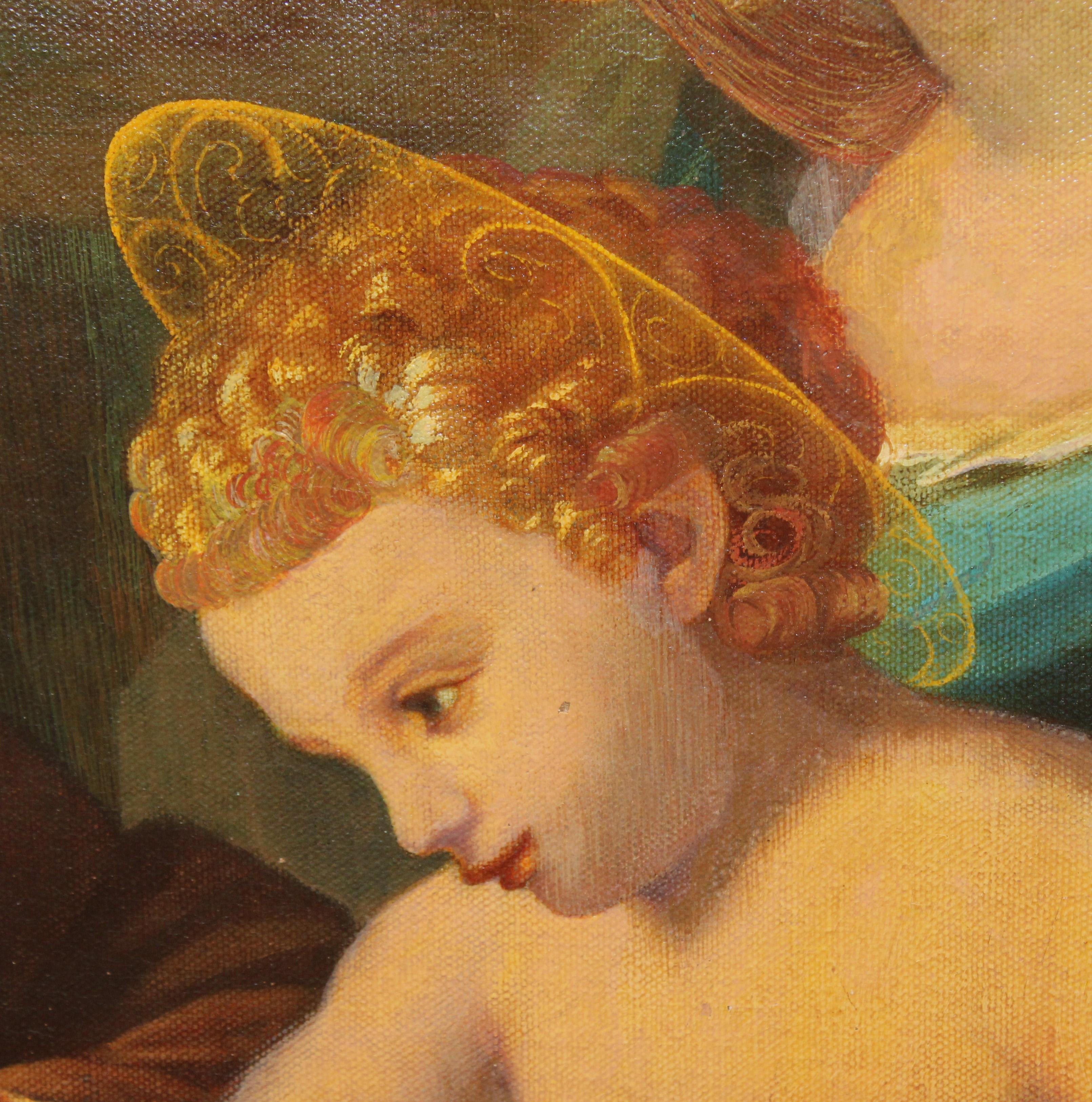 Escuela Rusa (Siglo XIX) - Óleo en tela firmado - La Virgen con niño y San Juan im Angebot 1