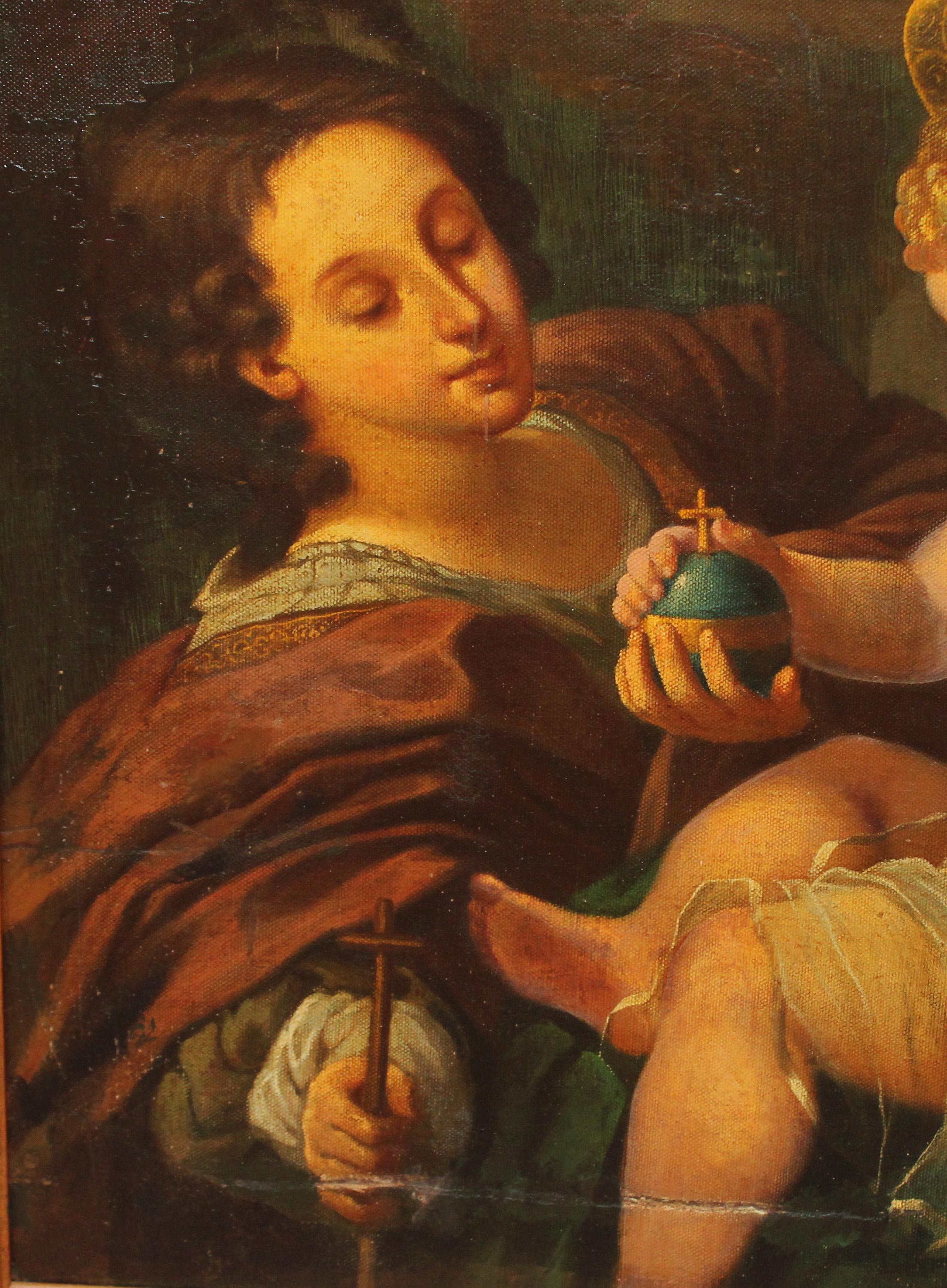 Escuela Rusa (Siglo XIX) - Óleo en tela firmado - La Virgen con niño y San Juan im Angebot 4