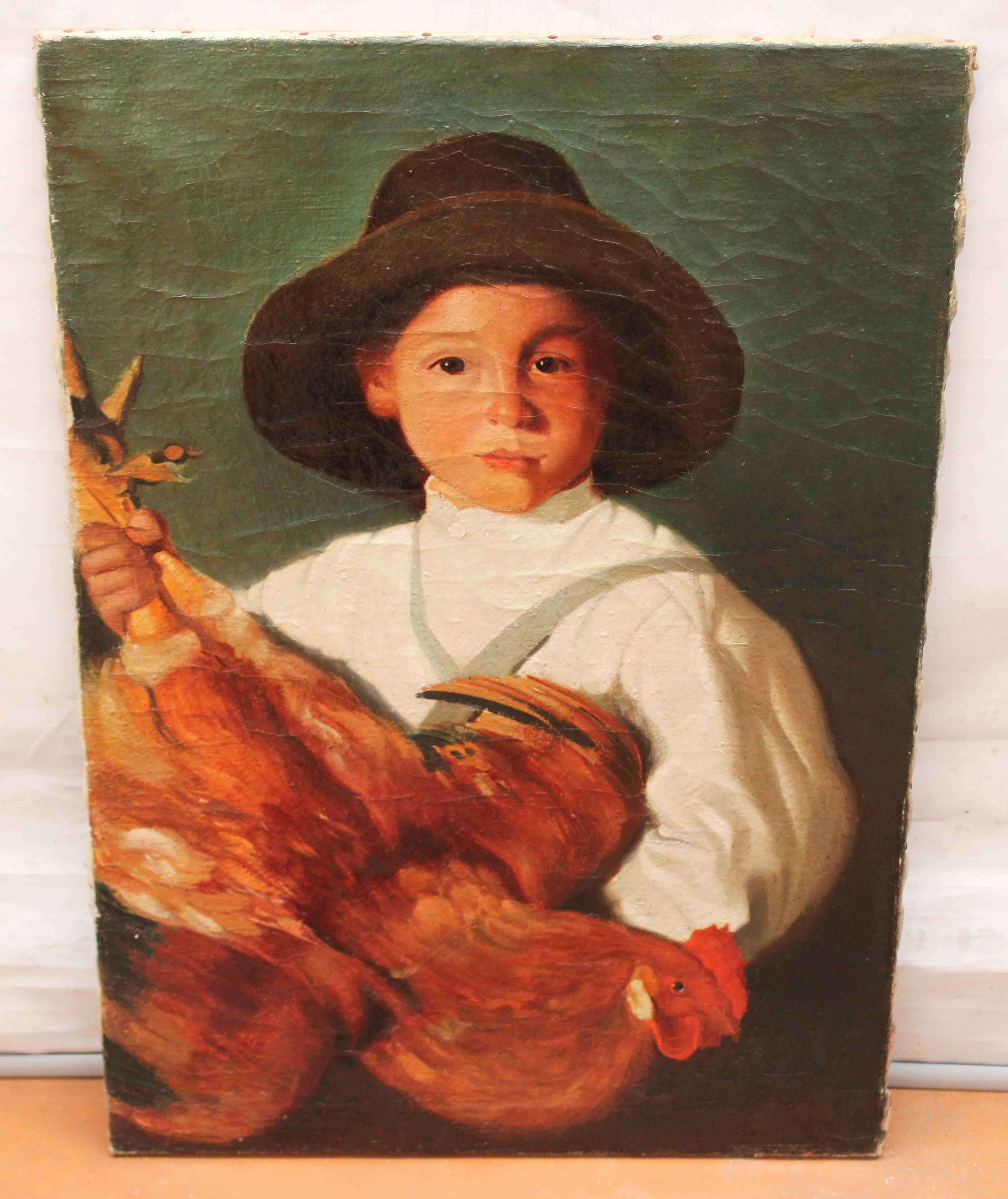 Escuela valenciana (XX) - Óleo sobre tela - Niño con gallo - Painting by Unknown