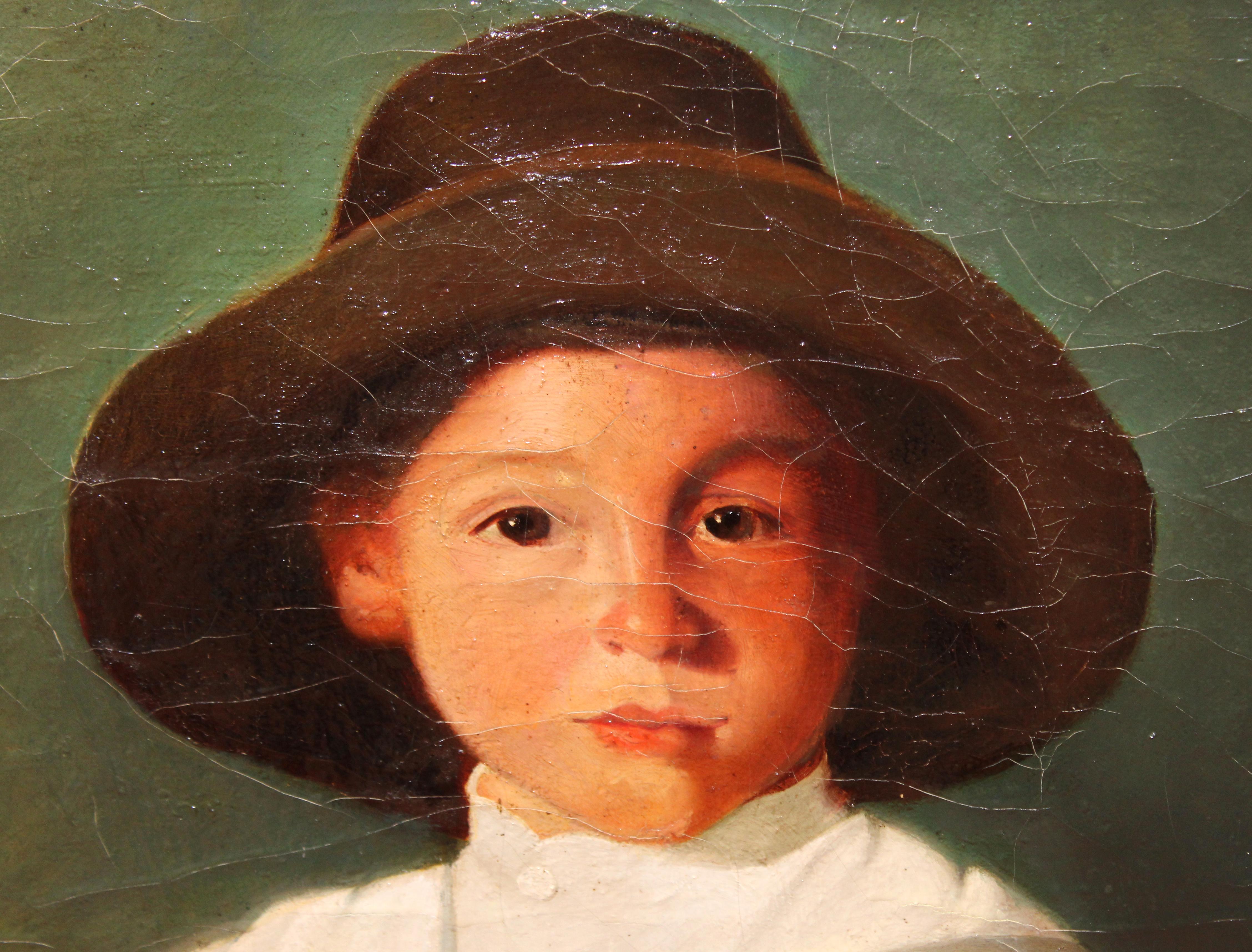 Escuela valenciana (XX) - Óleo sobre tela - Niño con gallo - Impressionist Painting by Unknown