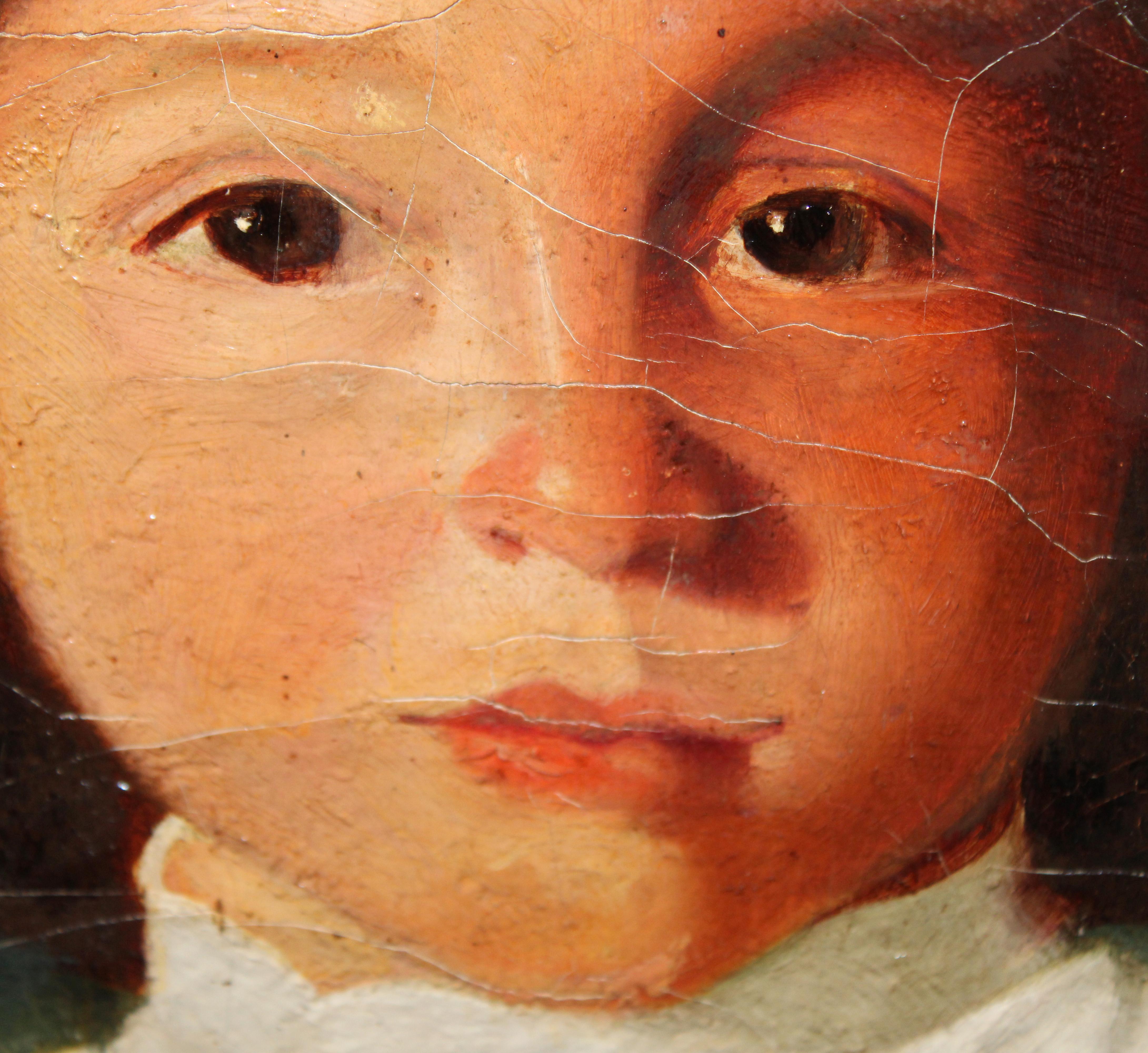 Escuela valenciana (XX) - Óleo sobre tela - Niño con gallo - Brown Portrait Painting by Unknown