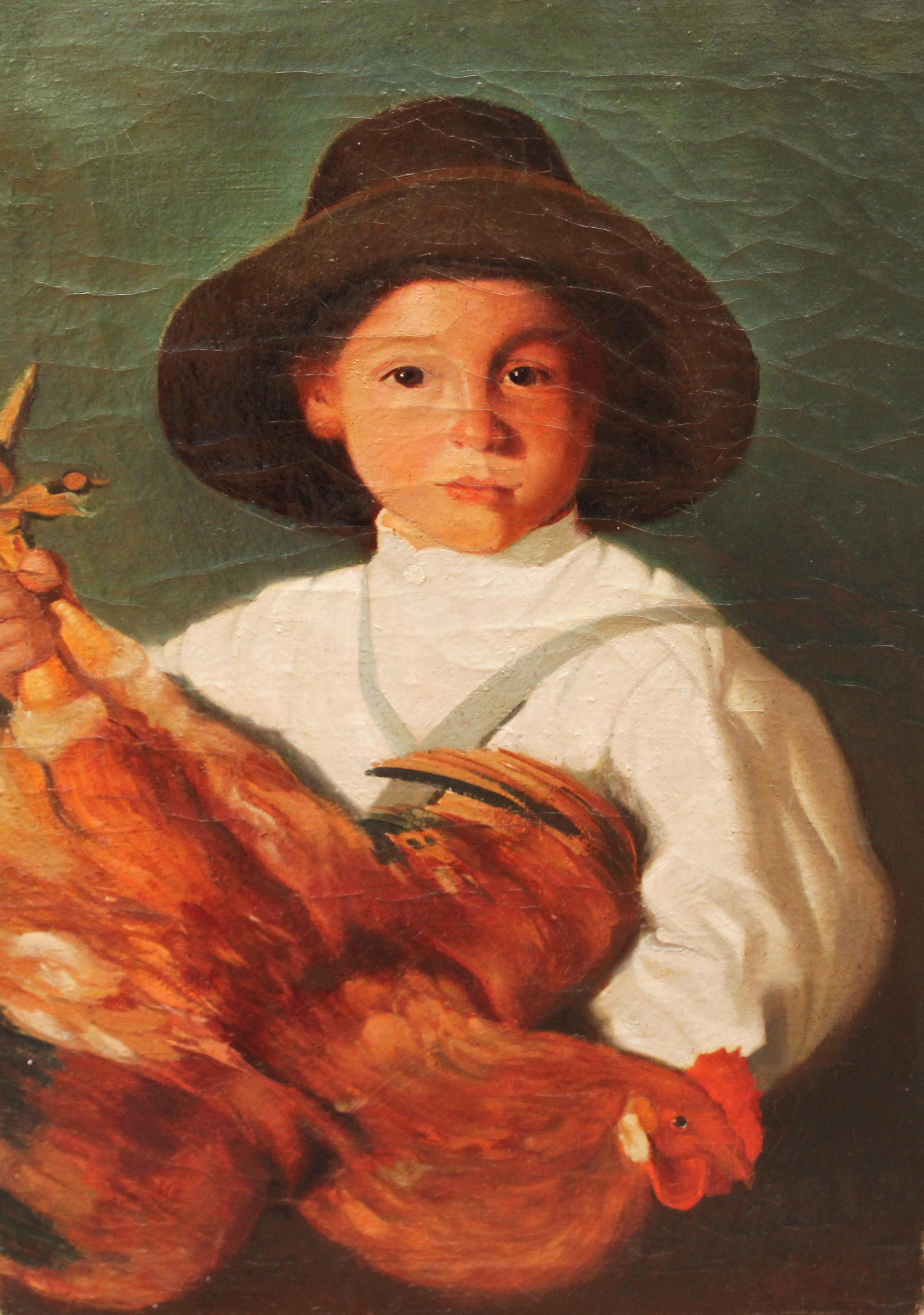 Unknown Portrait Painting - Escuela valenciana (XX) - Óleo sobre tela - Niño con gallo