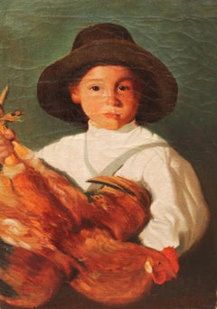 Escuela valenciana (XX) - Óleo sobre tela - Niño con gallo