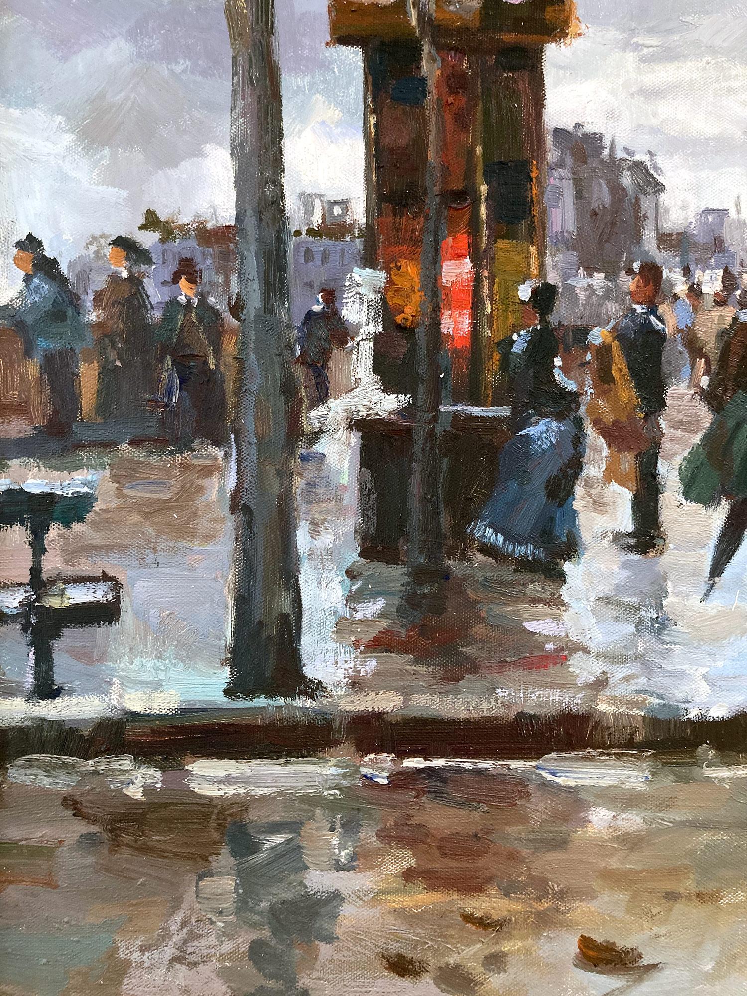 An impressionist oil painting depicting a French street scene by the Esplanade des Quinconces
in France. There are horse and buggy along the street with bustling of people walking about their day. A vivid and impressive work with wonderful
