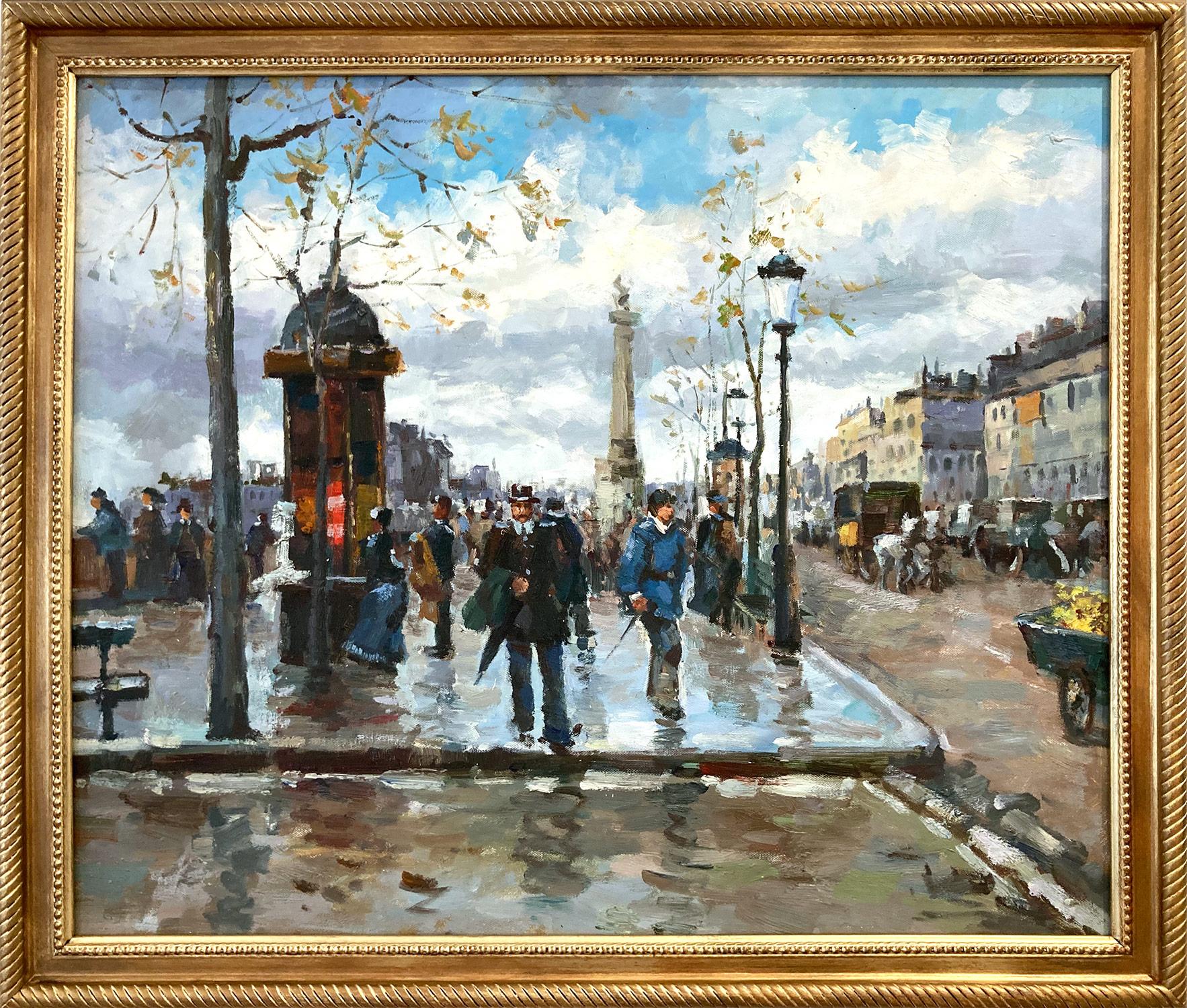 Unknown Landscape Painting - "Esplanade des Quinconces" Impressionist Parisian Scene Oil Painting on Canvas