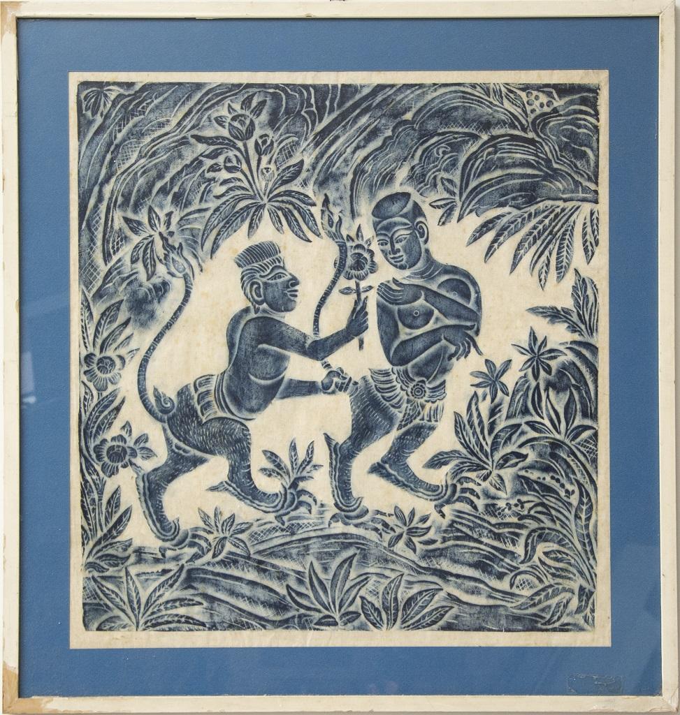 Unknown Figurative Painting - Ethnic Blue - Original Batik - 1970s